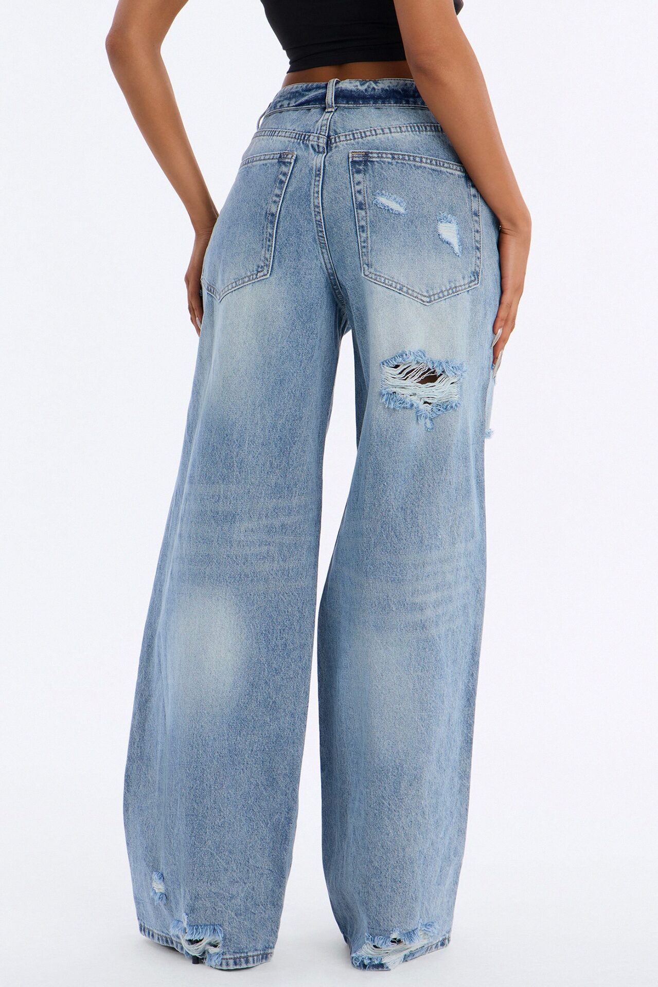 Undone Foldover Ripped Low Rise Wide Leg Jeans - Light Wash