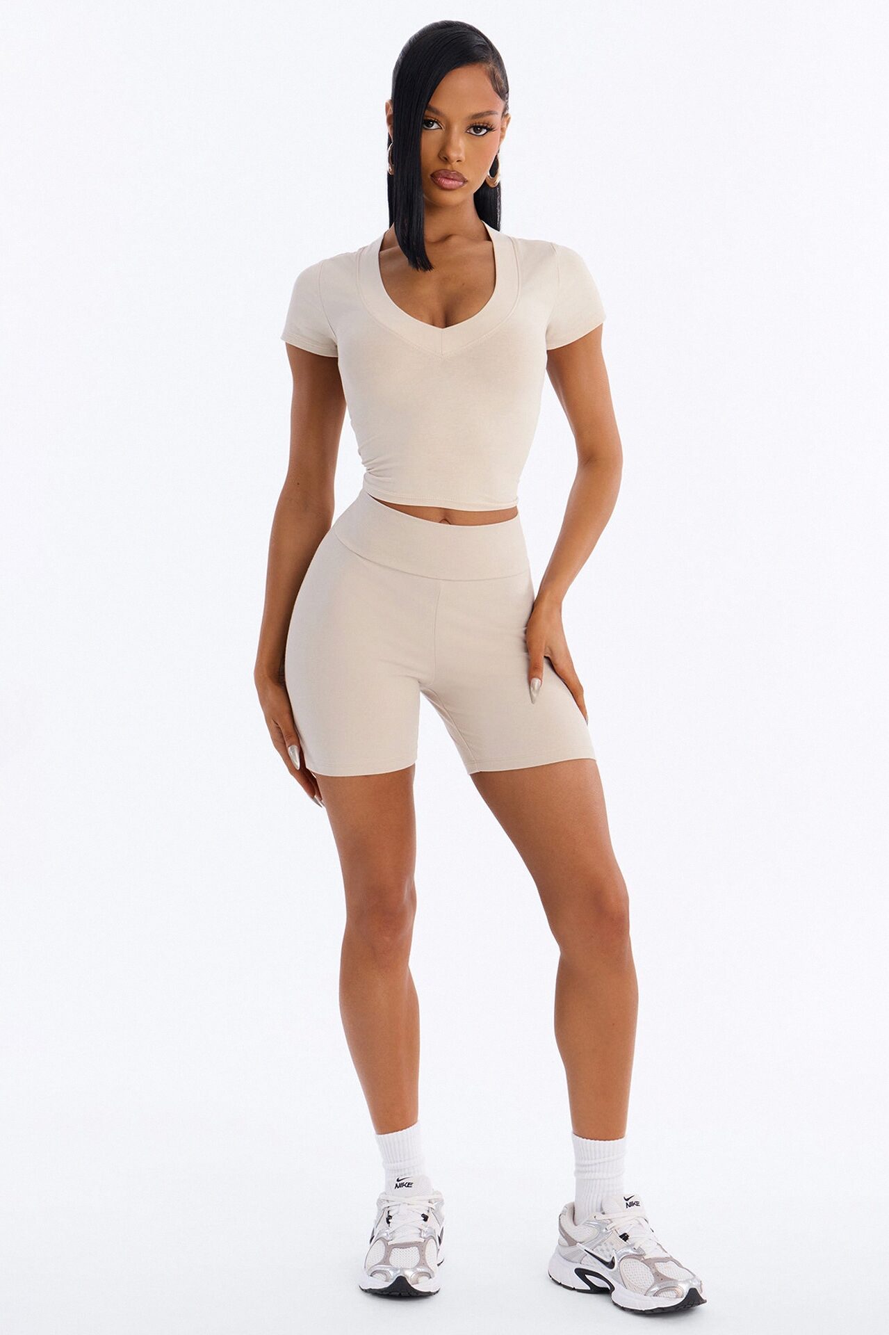 Quinn Mid Rise Everyday Cotton Biker Short 5″ - Stone
