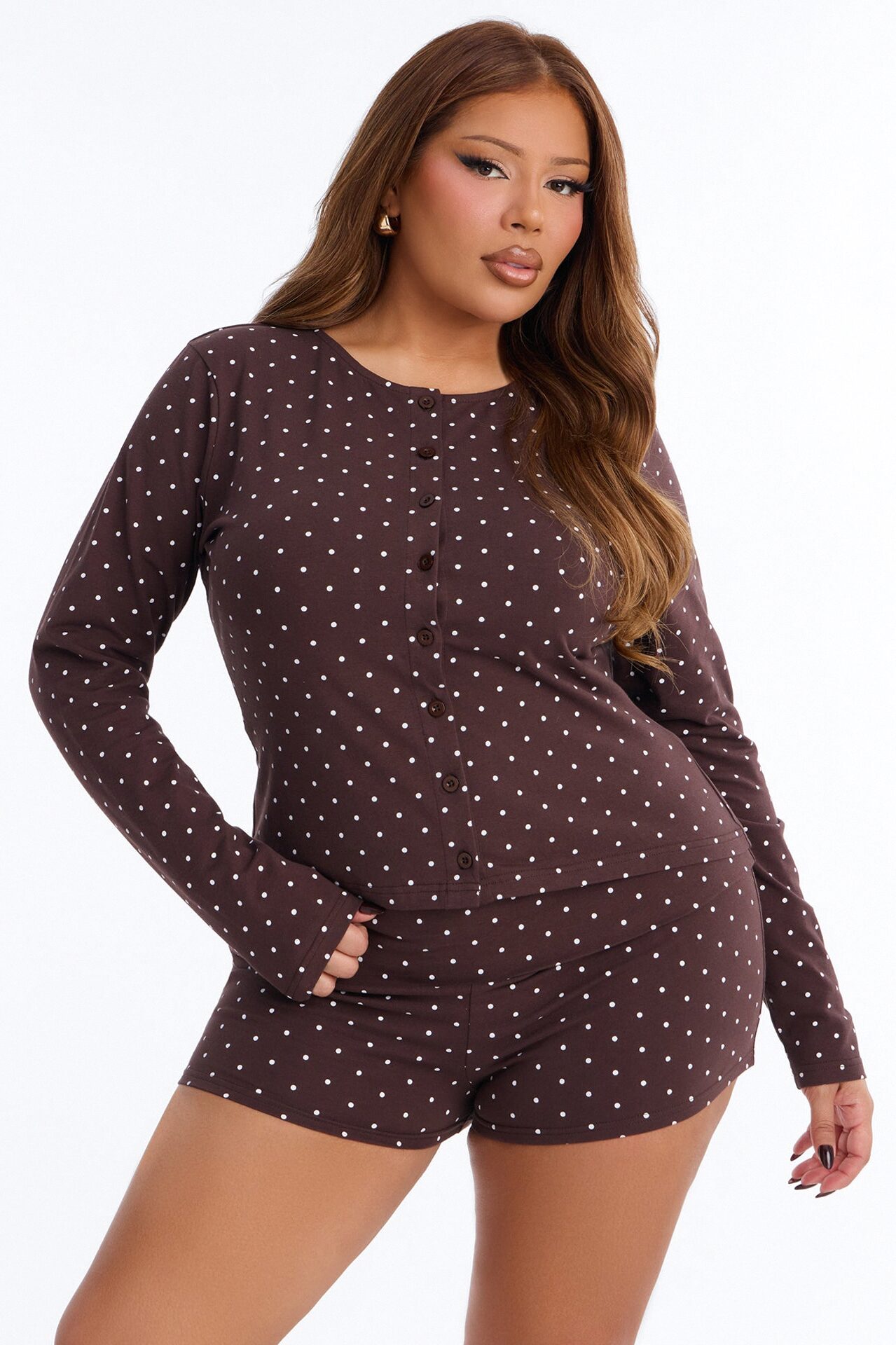 Madeline Polka Dot Button Up Knit Top - Brown/combo