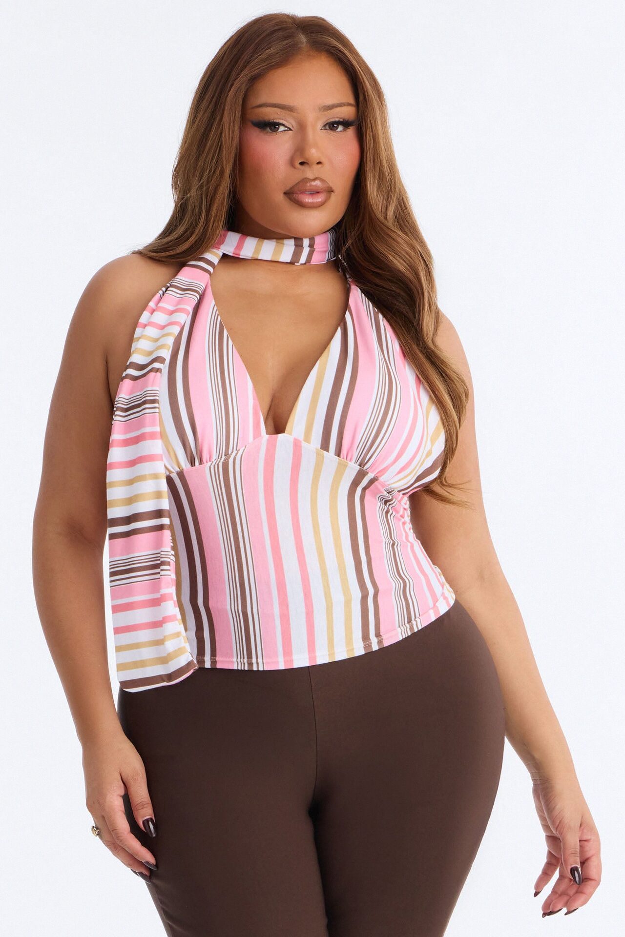 Lily Striped Neck Scarf Halter Top - Pink/combo