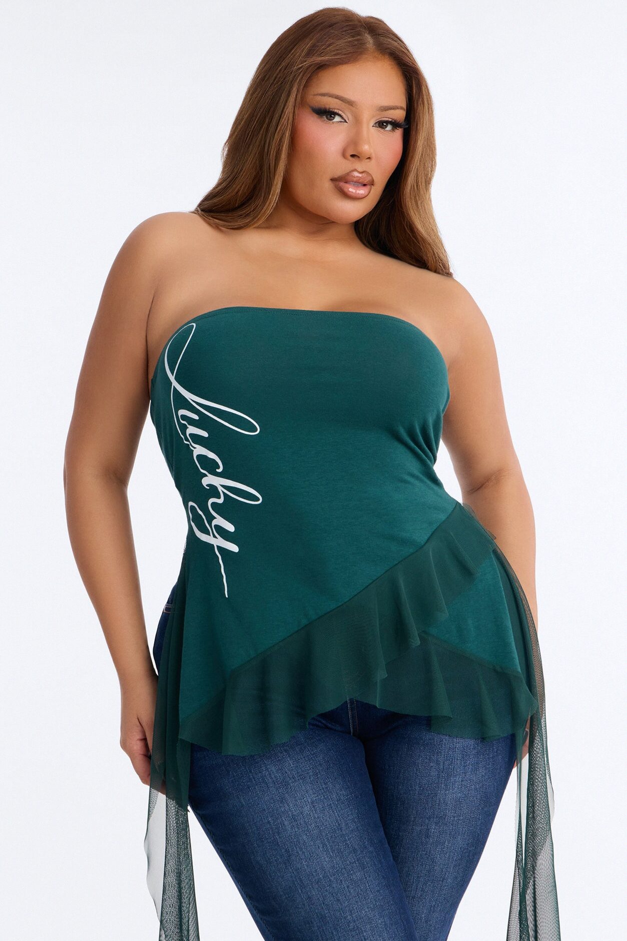 Lucky Strapless Ruffle Tube Top - Hunter
