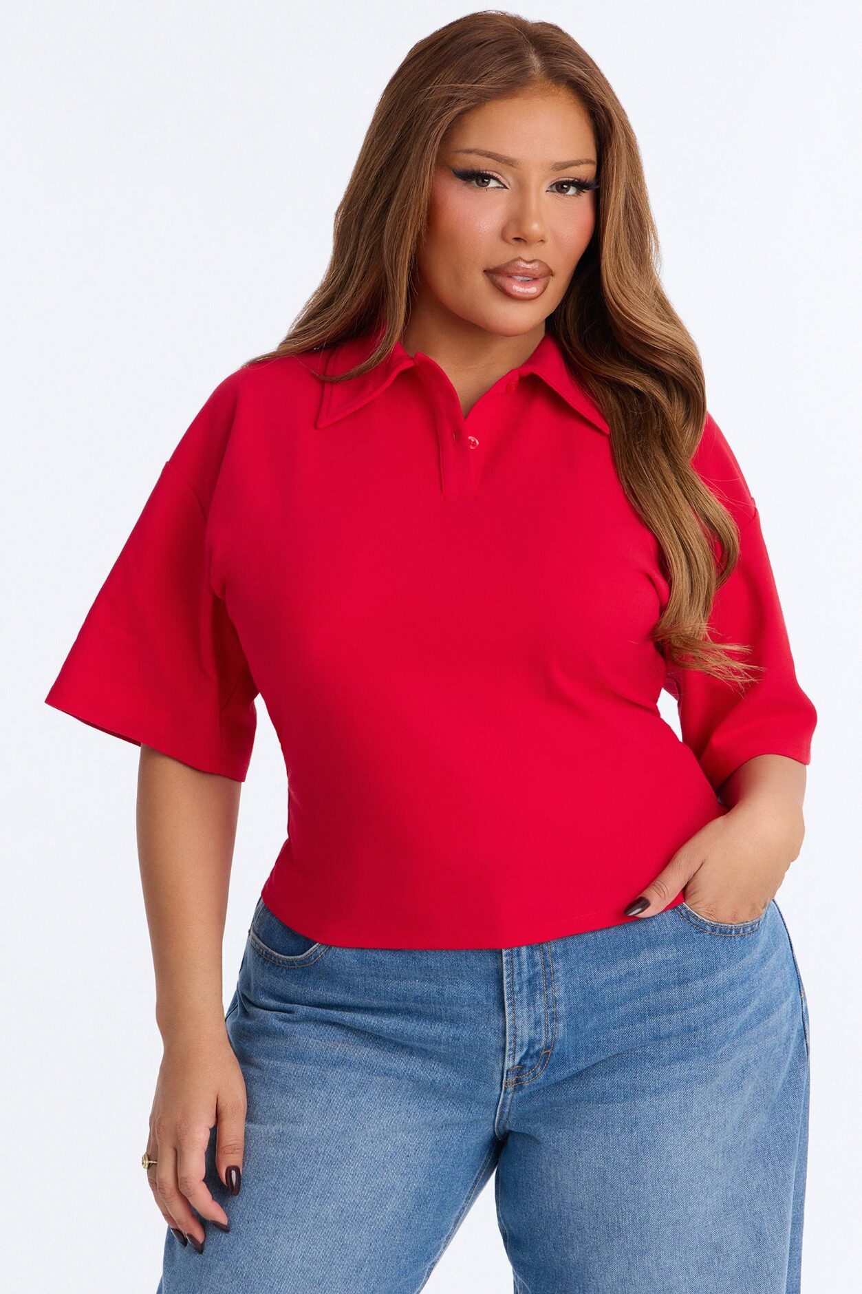 Street Serve Cinched Short Sleeve Polo Top - Red