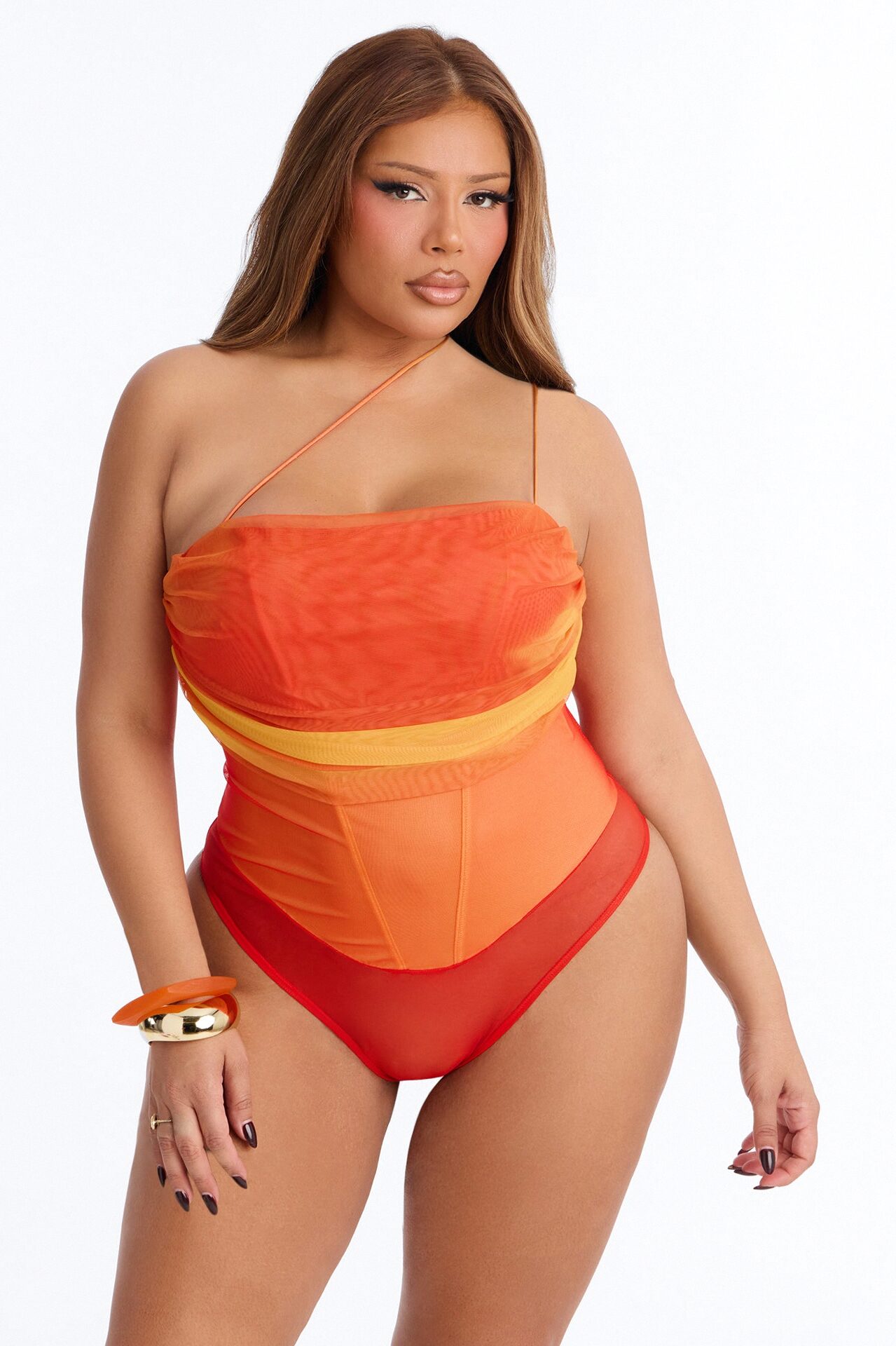 Adeline One Shoulder Mesh Bodysuit - Orange/combo