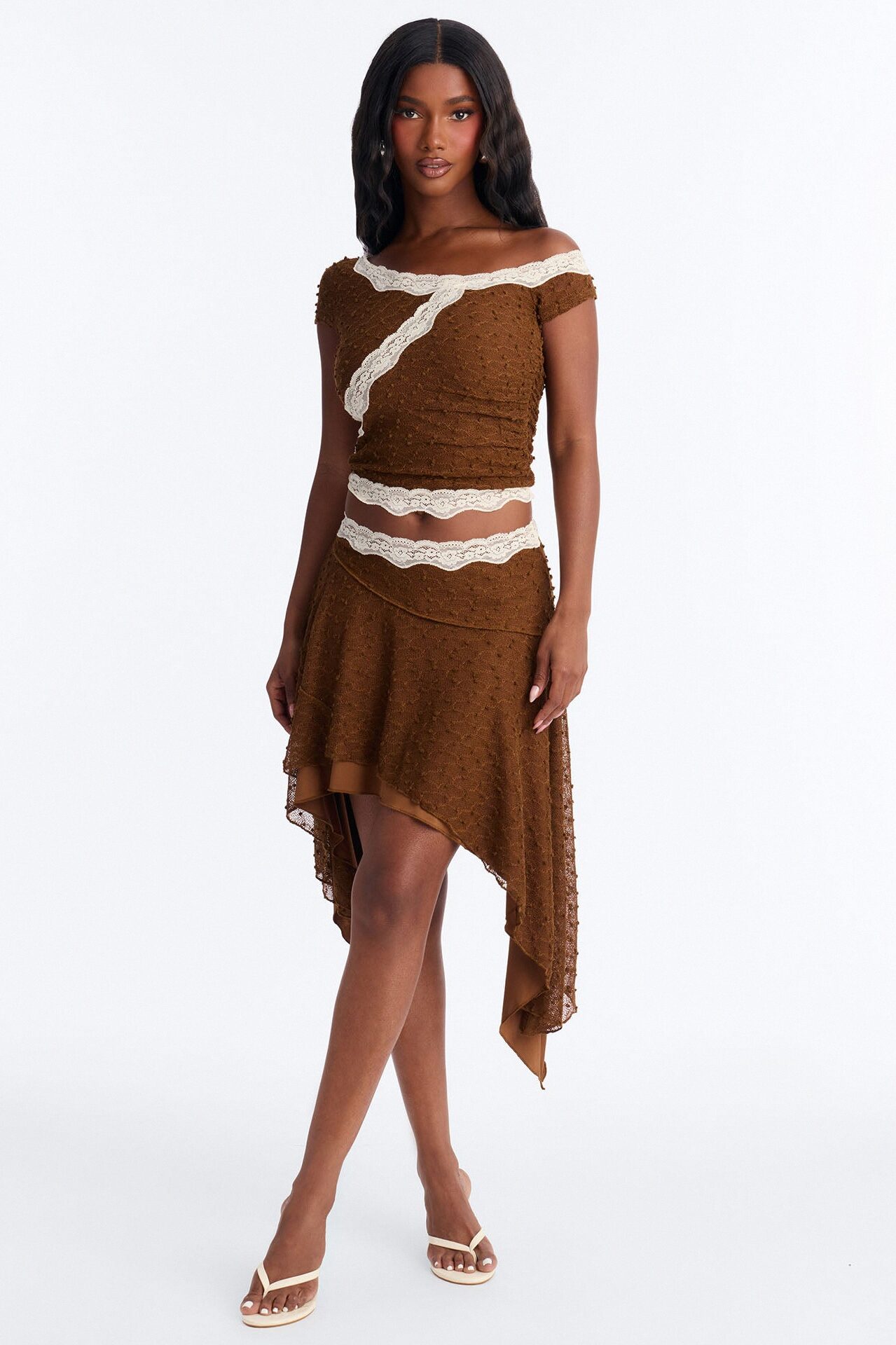 Alana Asymmetrical Textured Skirt Set - Chocolate