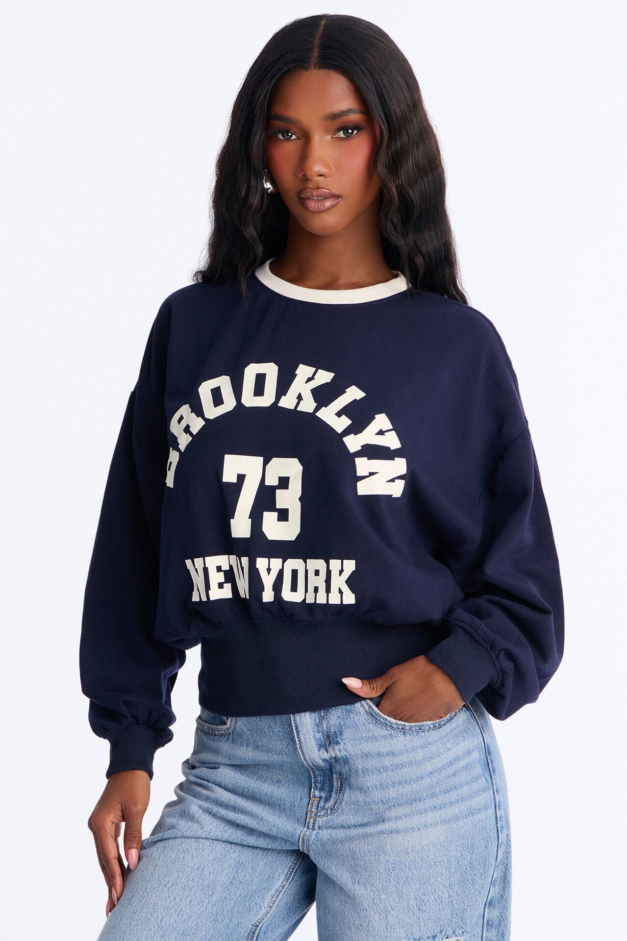 Brooklyn Varsity League Fleece Crew Neck Sweatshirt - Navy