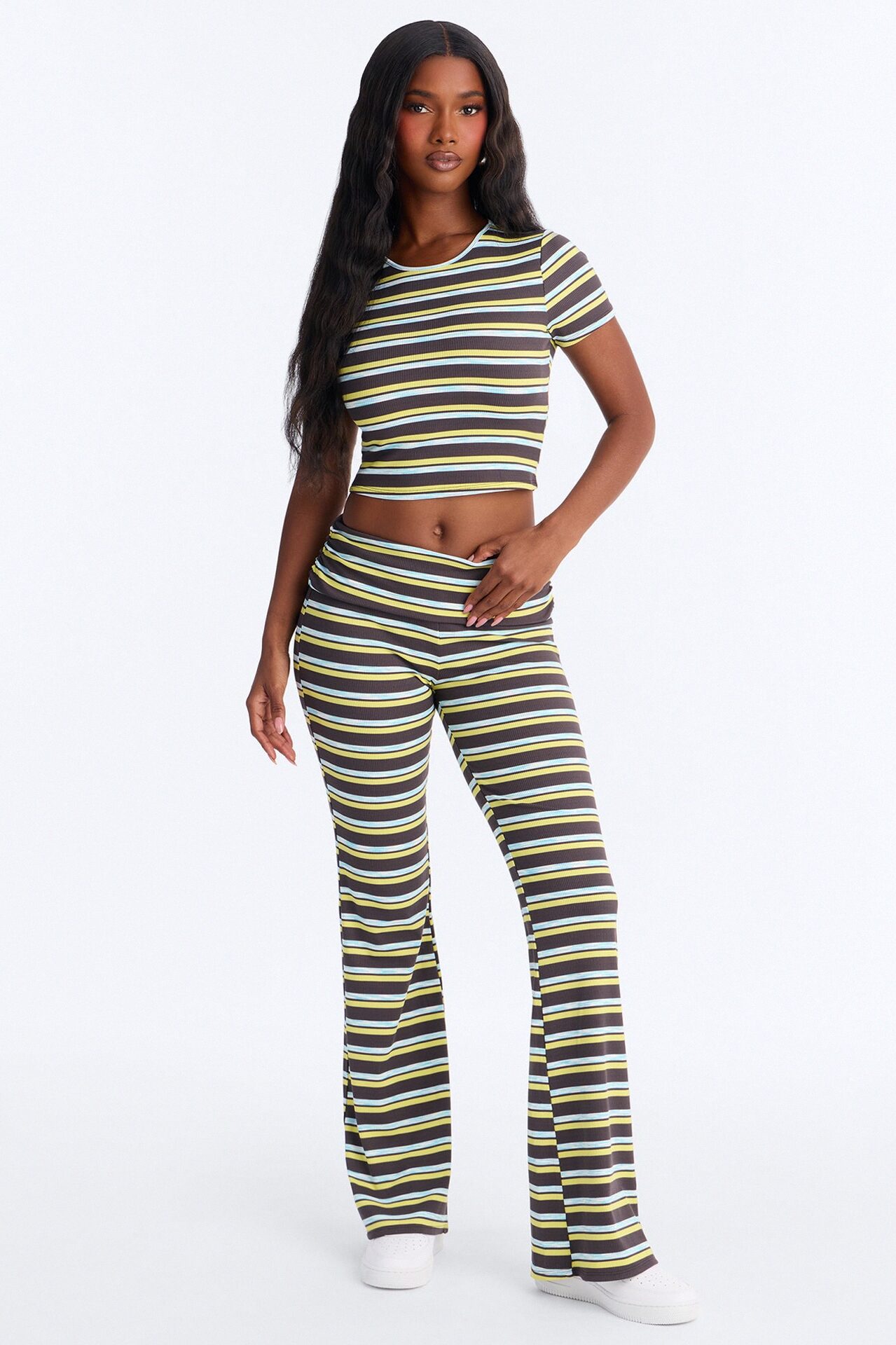 Dana Stripe Foldover Waistband Pant Set - Grey/combo
