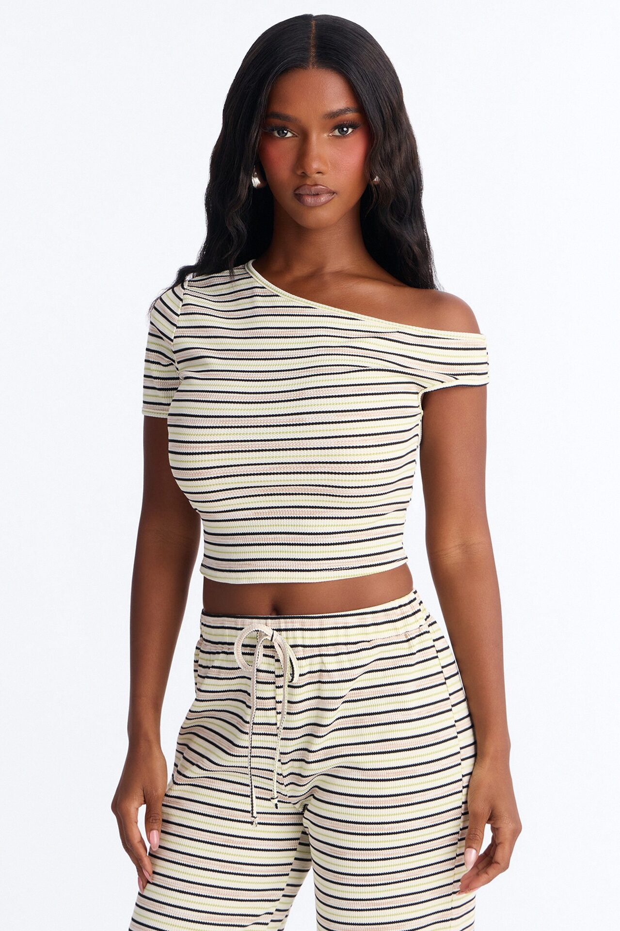 Casey Off Shoulder Thermal Striped Pant Set - Cream/combo