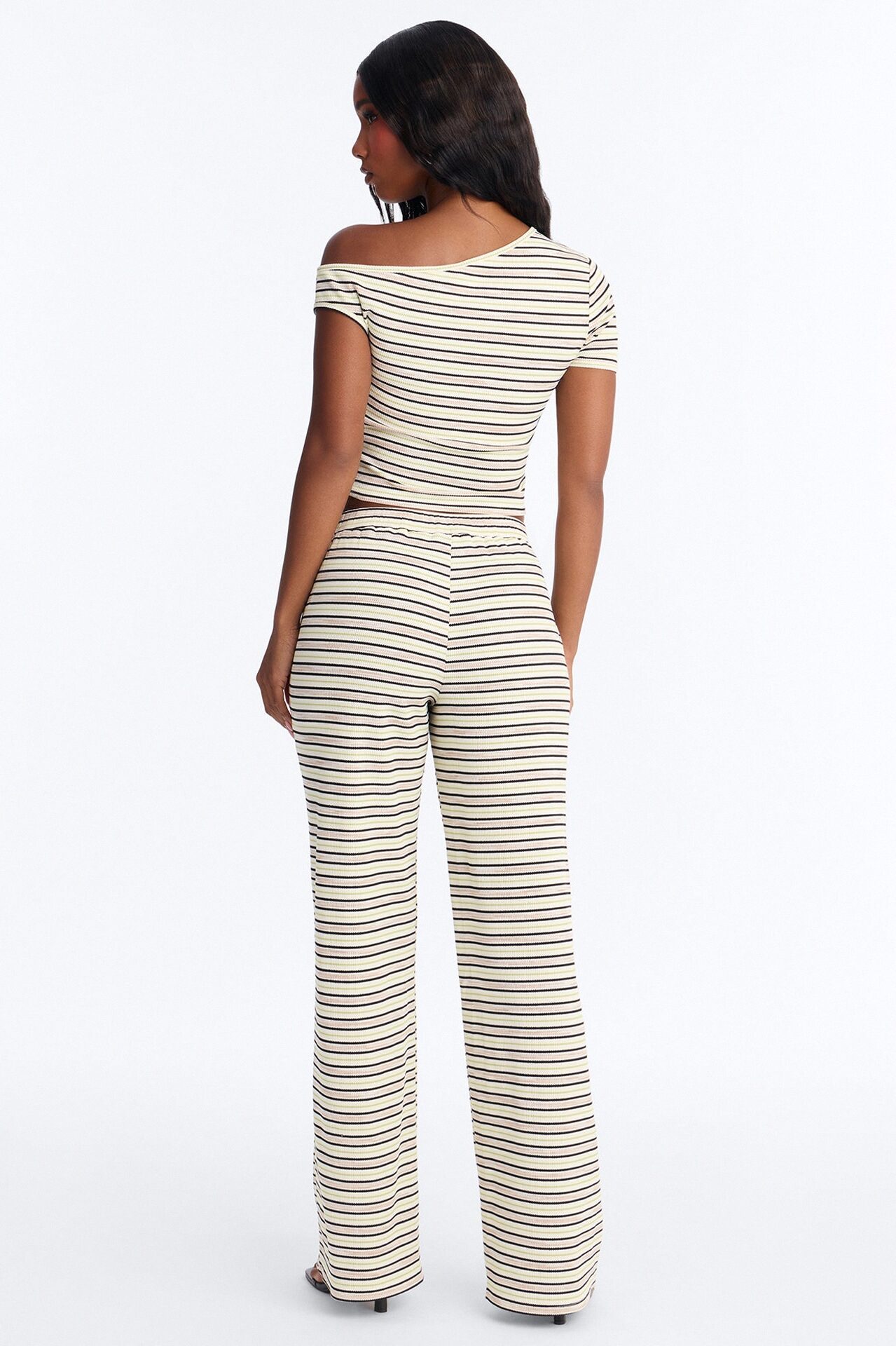 Casey Off Shoulder Thermal Striped Pant Set - Cream/combo