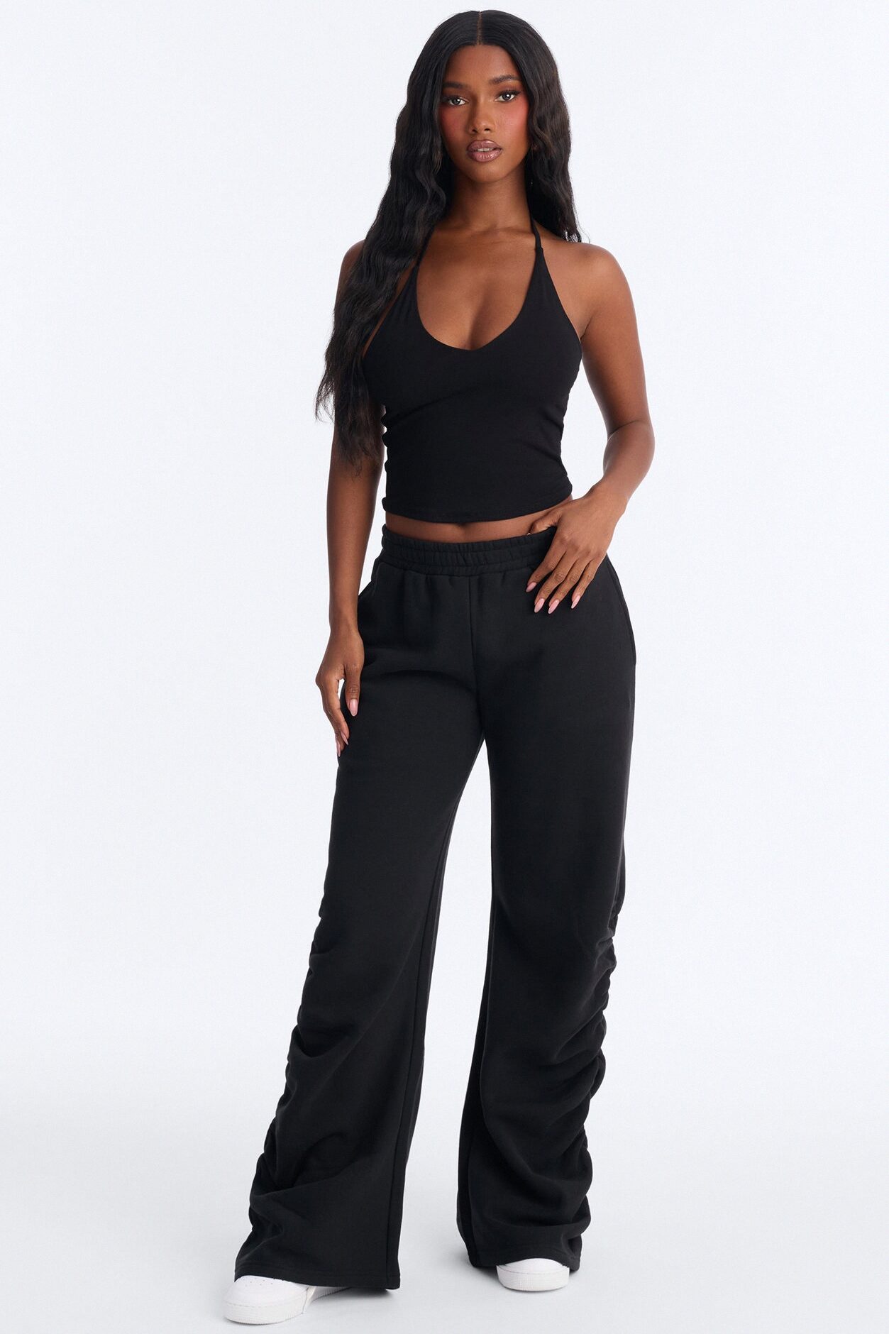 Meghan Ruched Leg Fleece Lounge Pant - Black