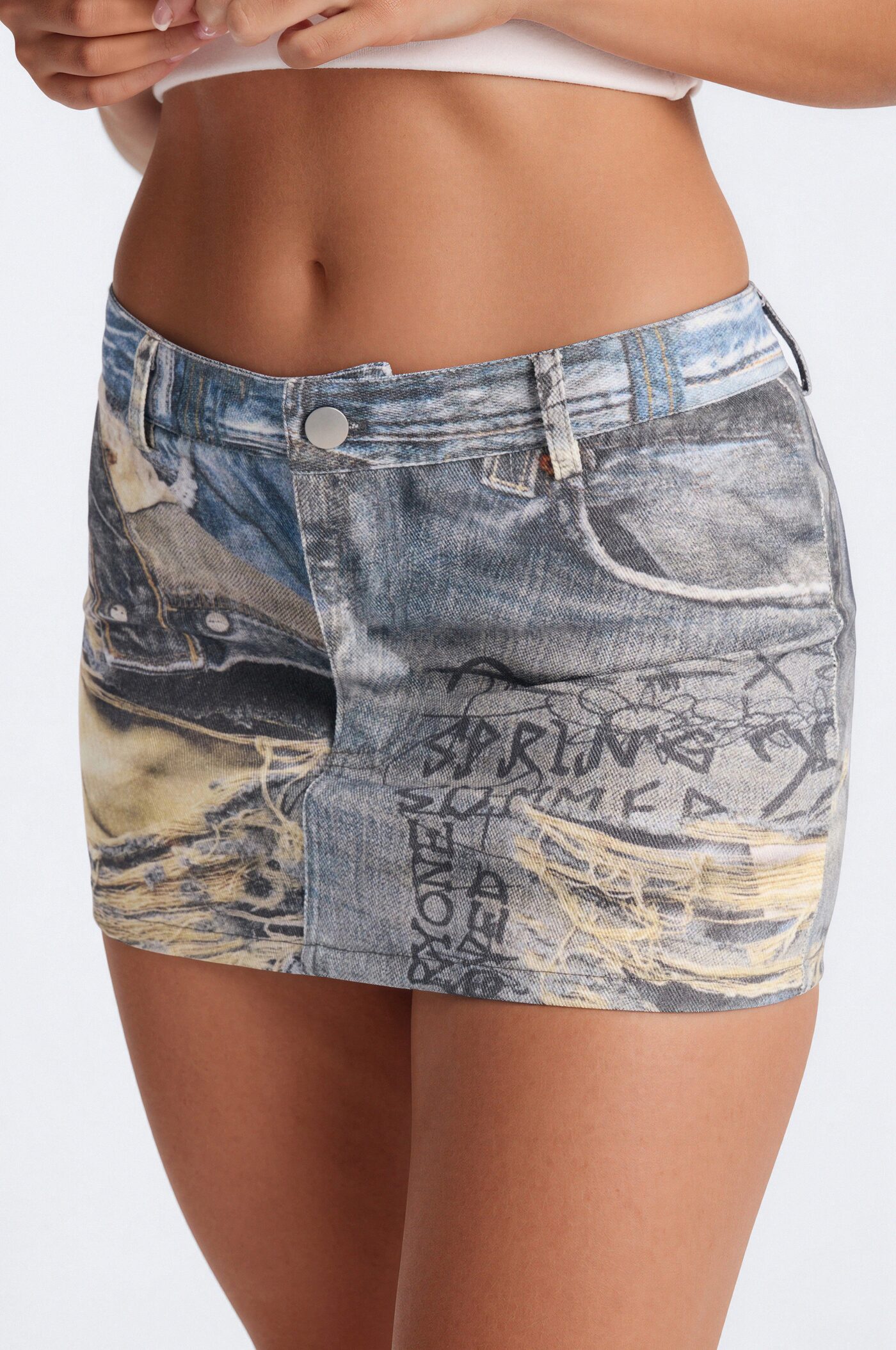 Rebel Rules Distressed Denim Print Micro Mini Skirt - Blue/combo