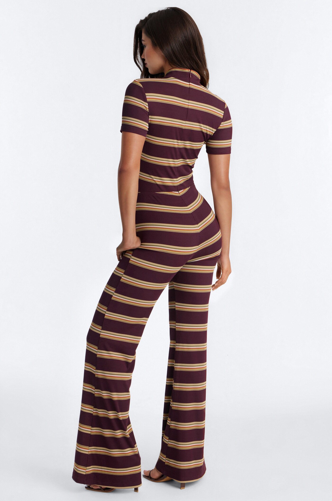 Crossing Lines Ribbed StripedJumpsuit - Wine