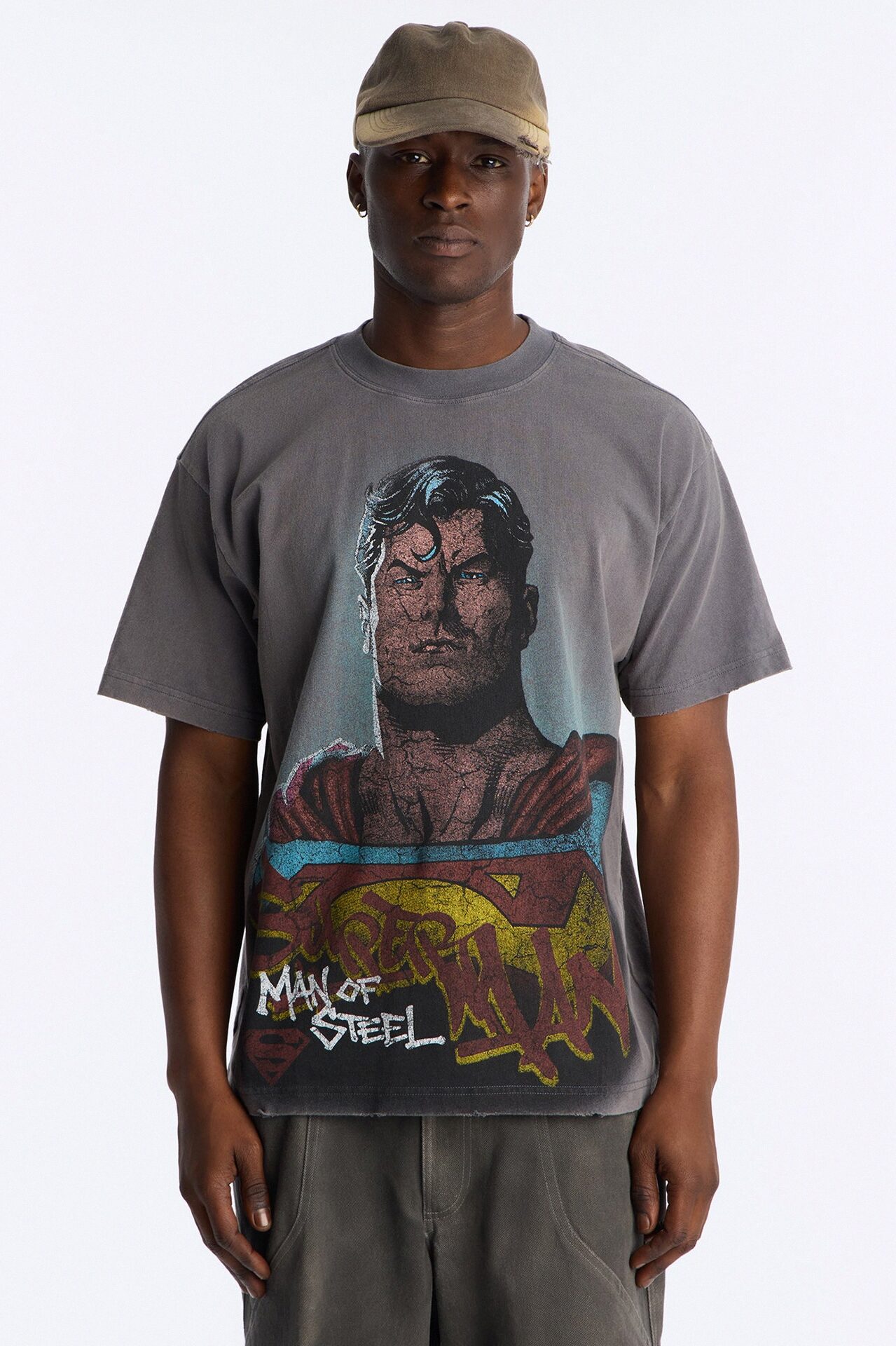 Superman Man Of Steel Vintage Heavy Weight Distressed Short Sleeve Tee - Charcoal