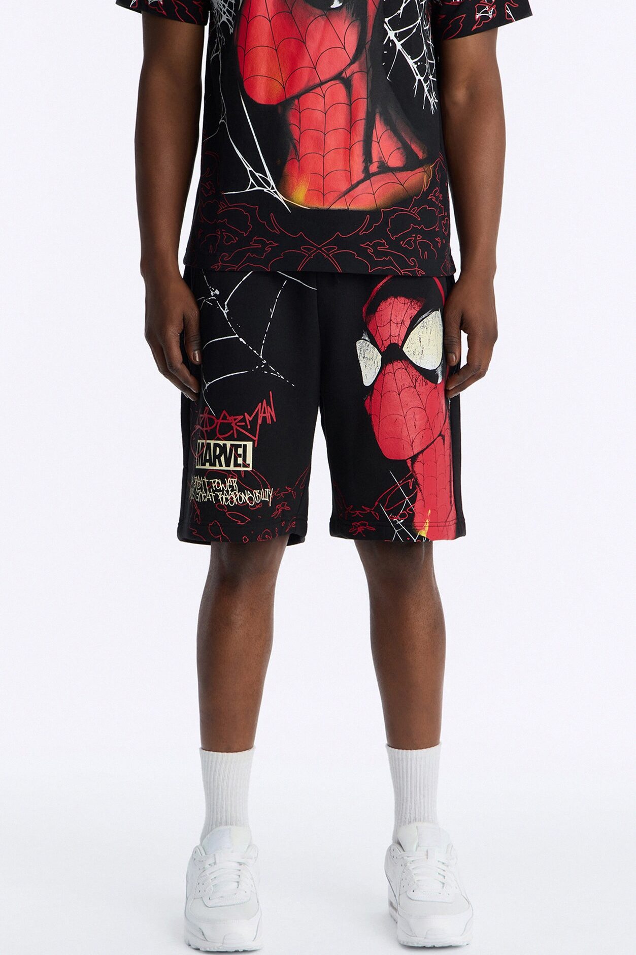 Spider Man All Over Print Relaxed Sweat Short - Black