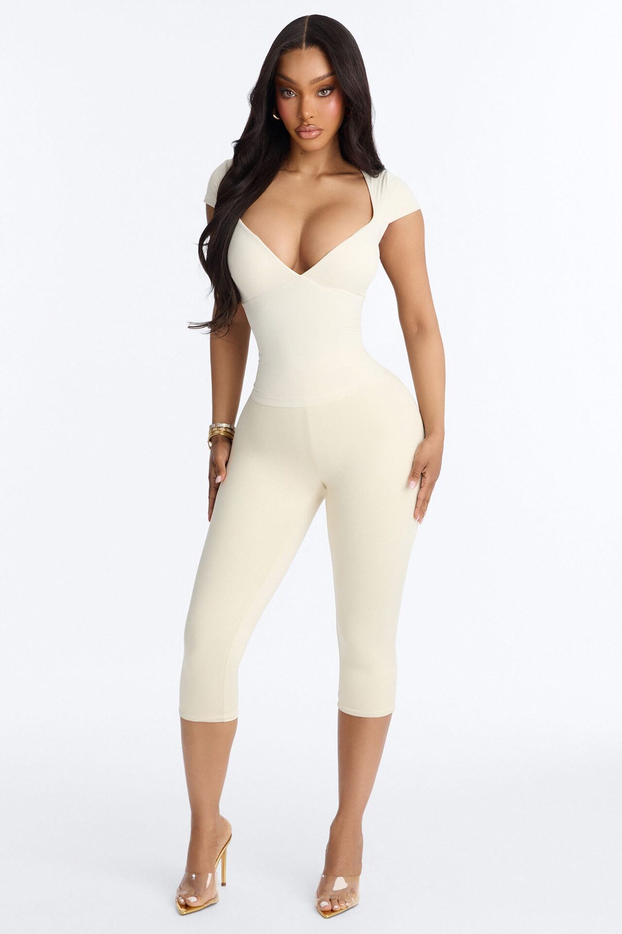 Second Skin Double Lined Bra Pad V Neck Cap Sleeve Top - Bone