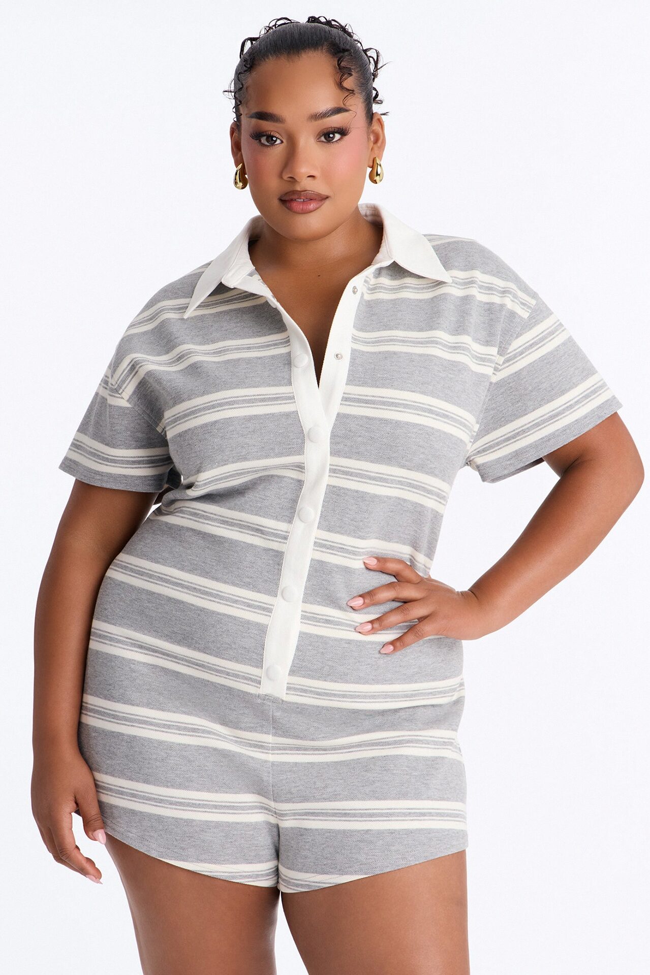 Kyla Striped Short Sleeve Polo Romper - Grey