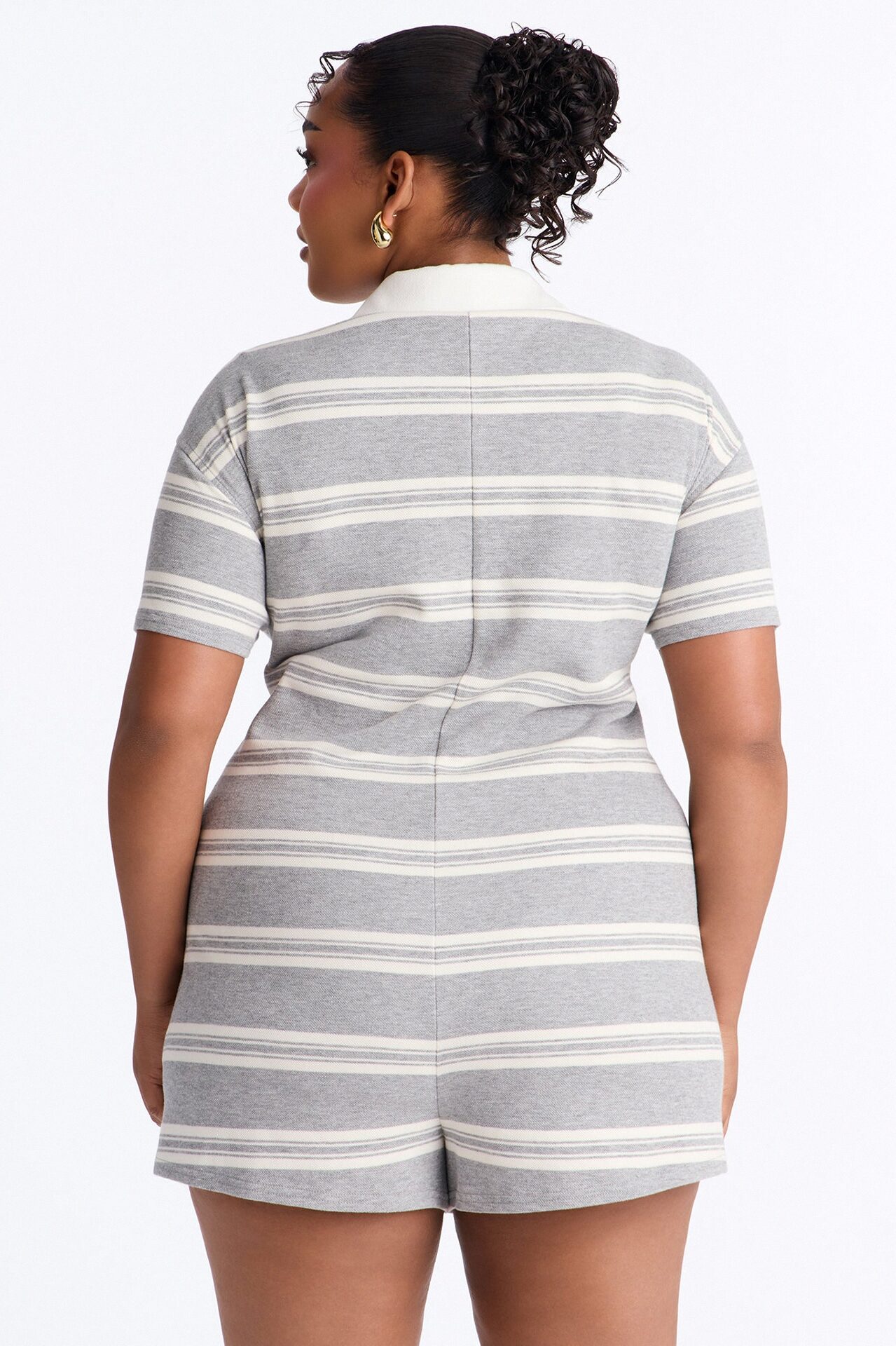 Kyla Striped Short Sleeve Polo Romper - Grey