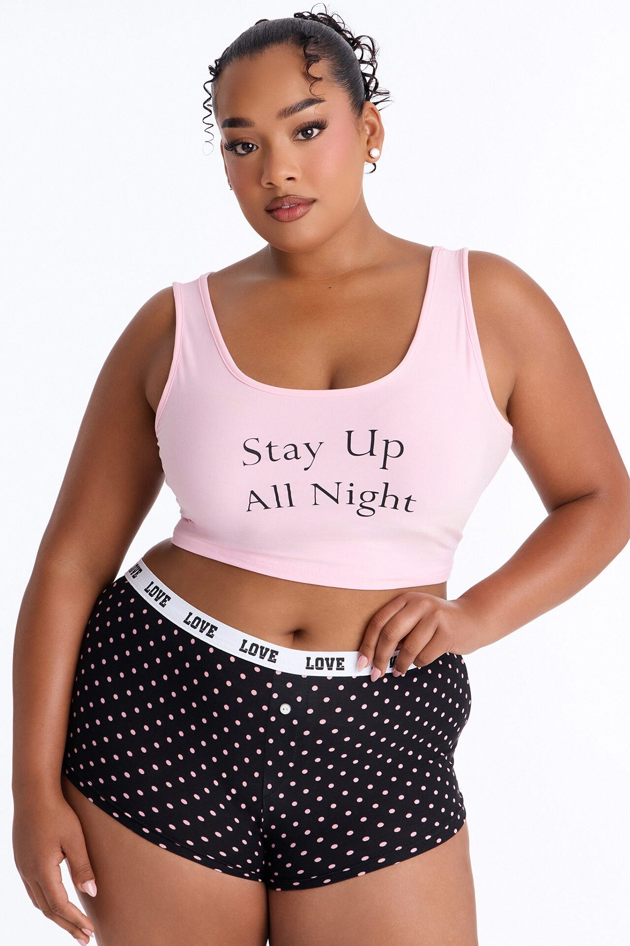 Let's Stay Up All Night 2pc Boyshort PJ Set - Pink/combo