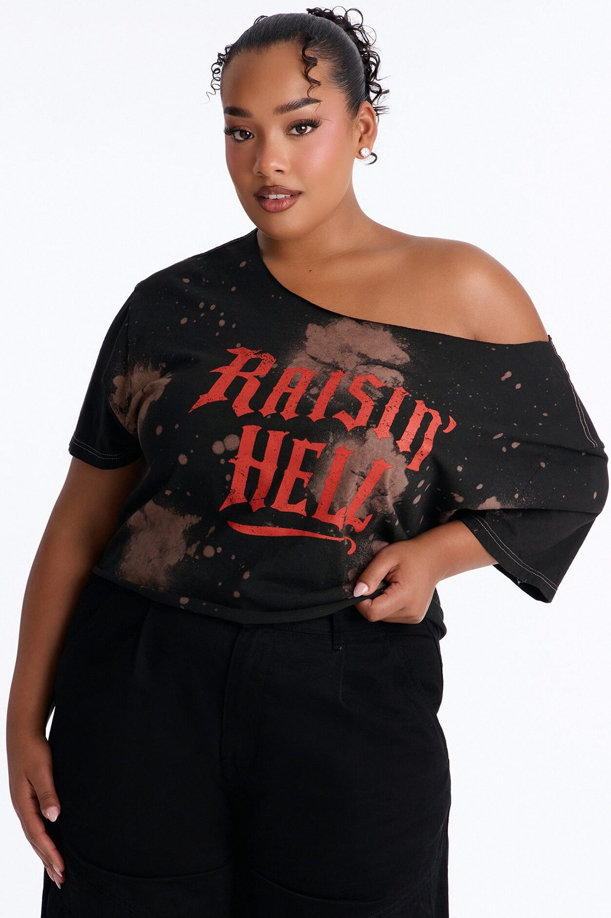 Raisin' Hell Bleach Washed Off Shoulder Tee - Black