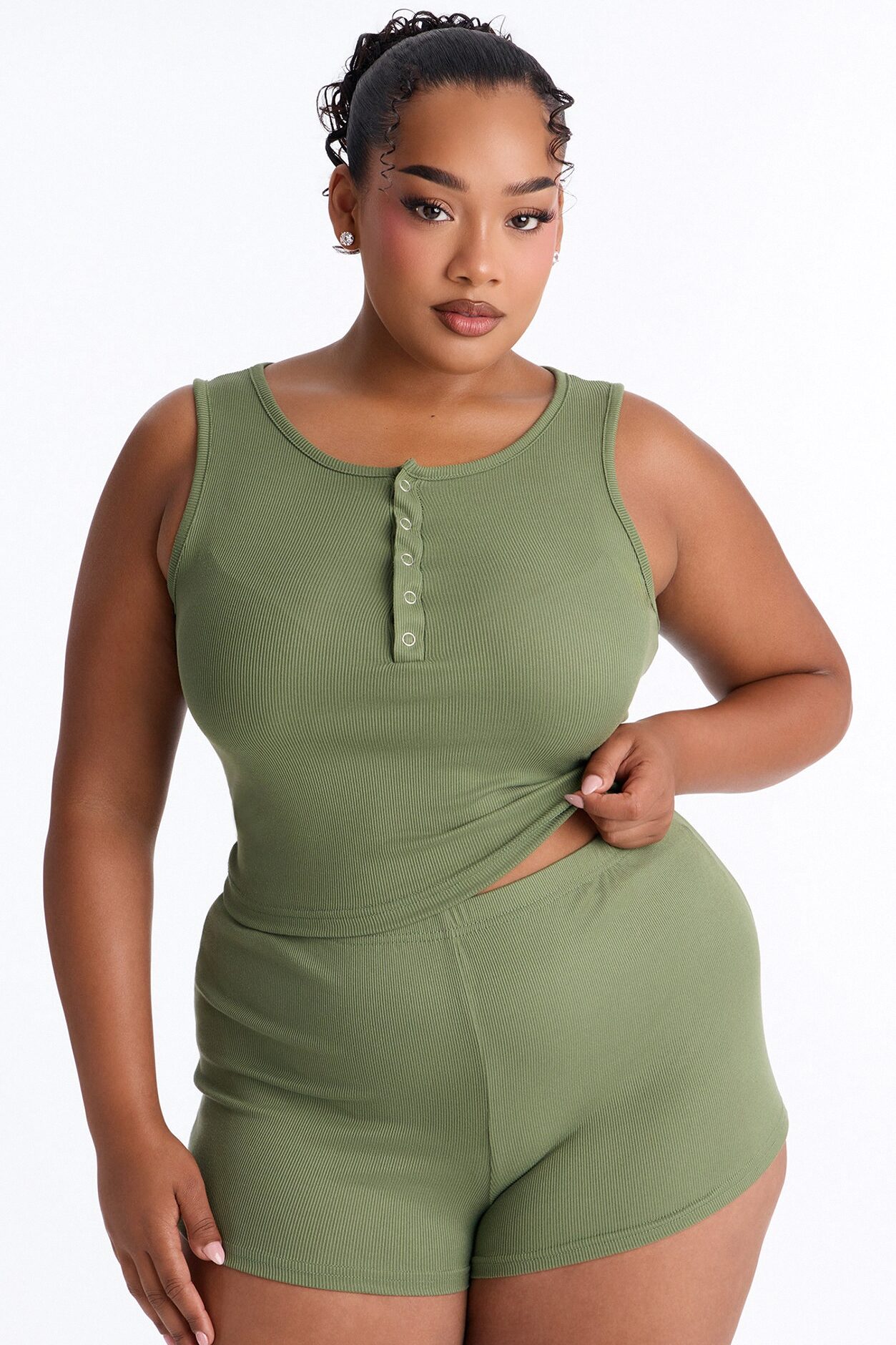 Homebody Ribbed V-Neck PJ Short Set - Green