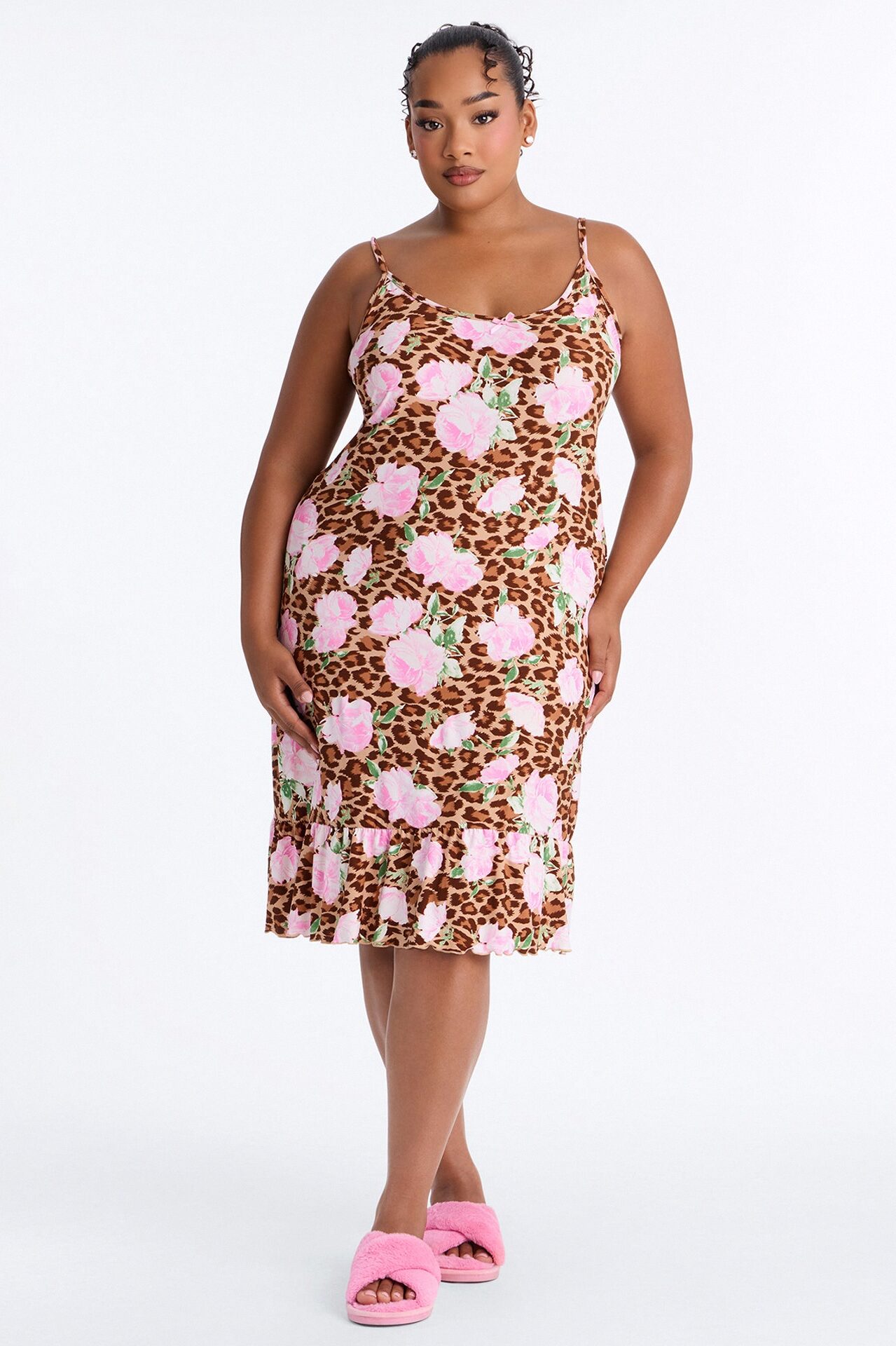 Leopard Garden Seduction Ruffle PJ Sleep Dress - Brown/combo