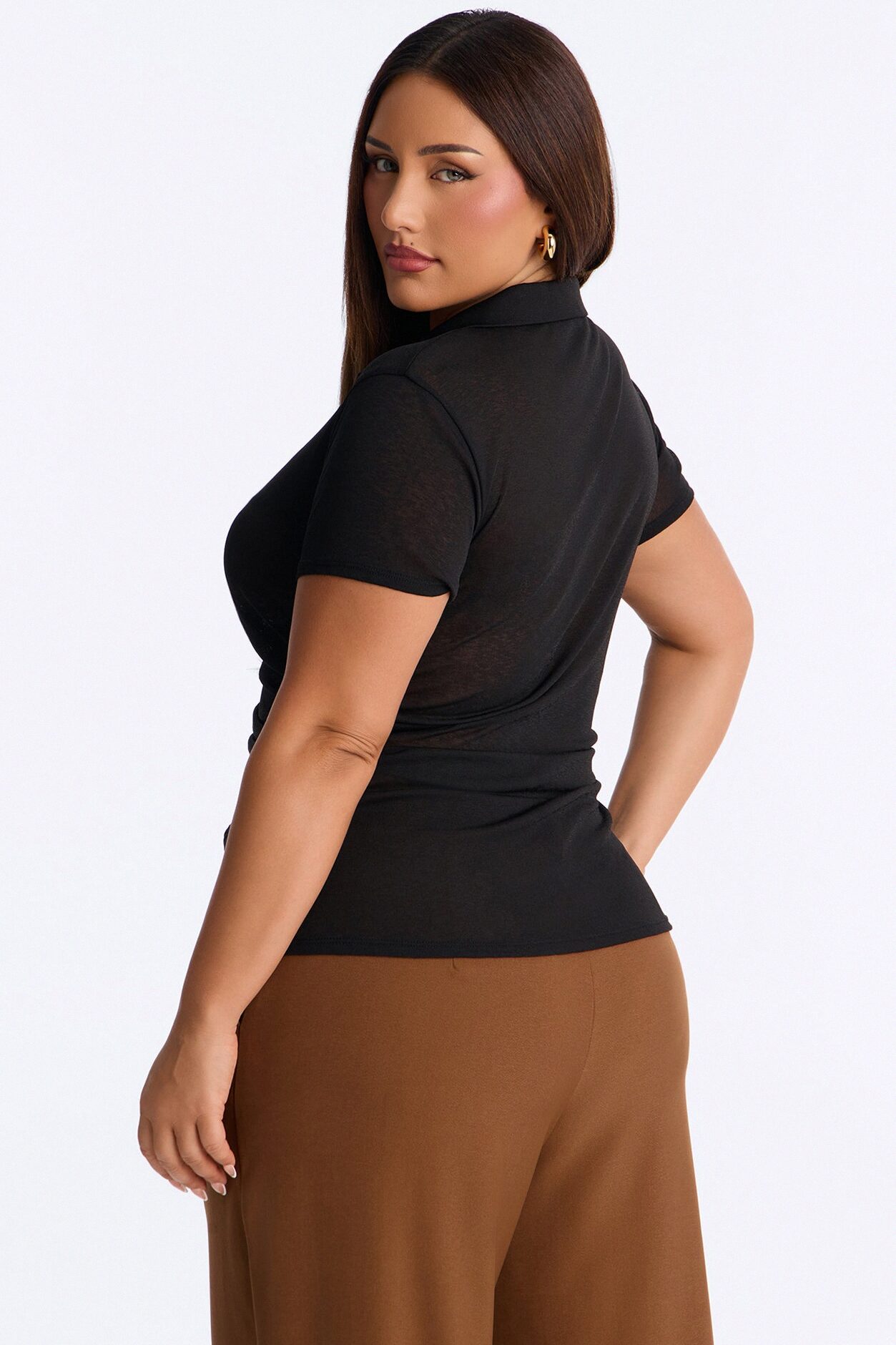 Jenn Textured Button Up Ruched Short Sleeve Shirt - Black