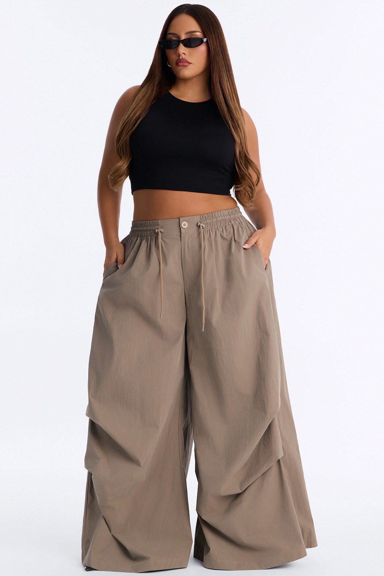 Hazel Stacked Drawstring Waist Super Wide Leg Pant - Caffe