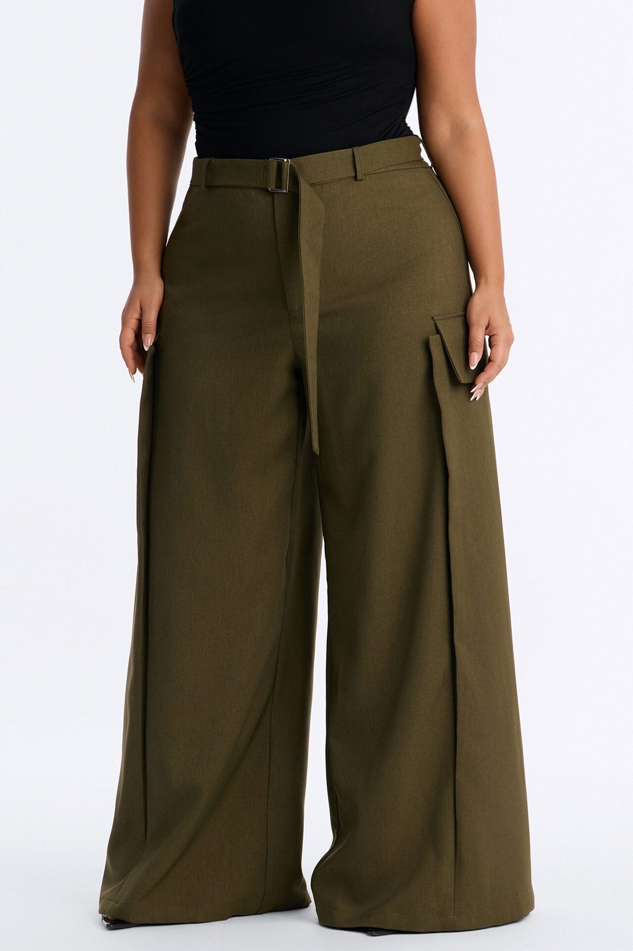 Caroline High Waisted Belted Cargo Wide Leg Trouser - Olive