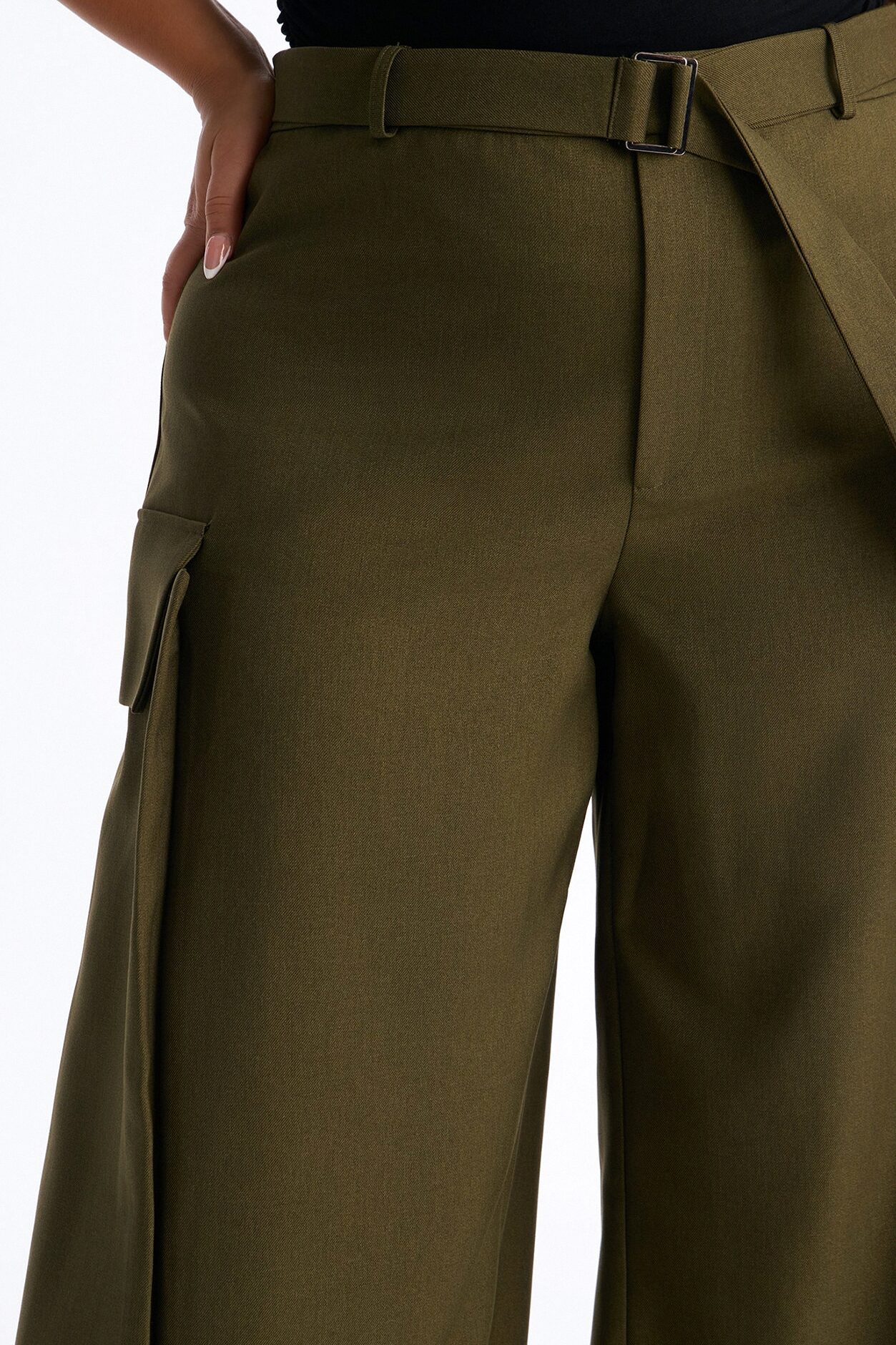 Caroline High Waisted Belted Cargo Wide Leg Trouser - Olive