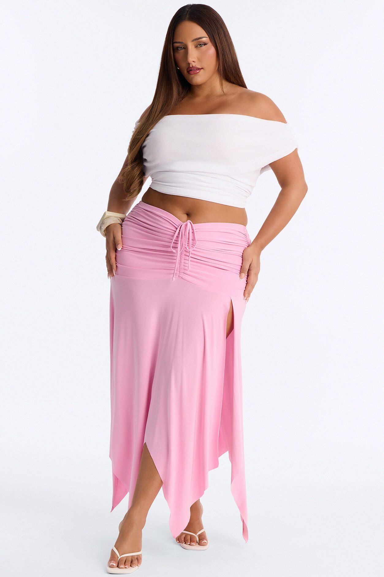 Miranda Low Rise Ruched Flowy Midi Skirt - Pink