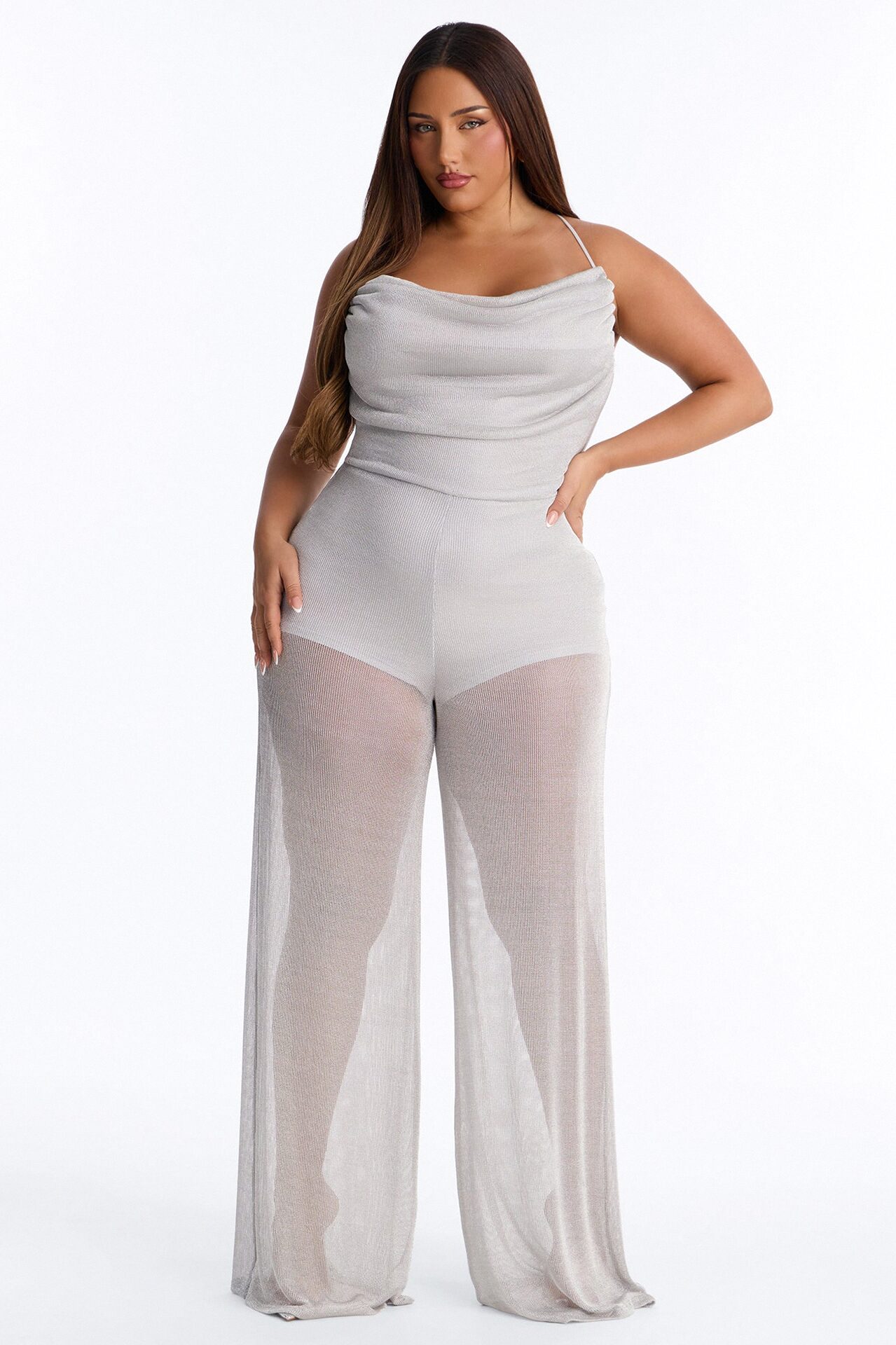 Mia Metallic Knit Wide Leg Jumpsuit - Silver