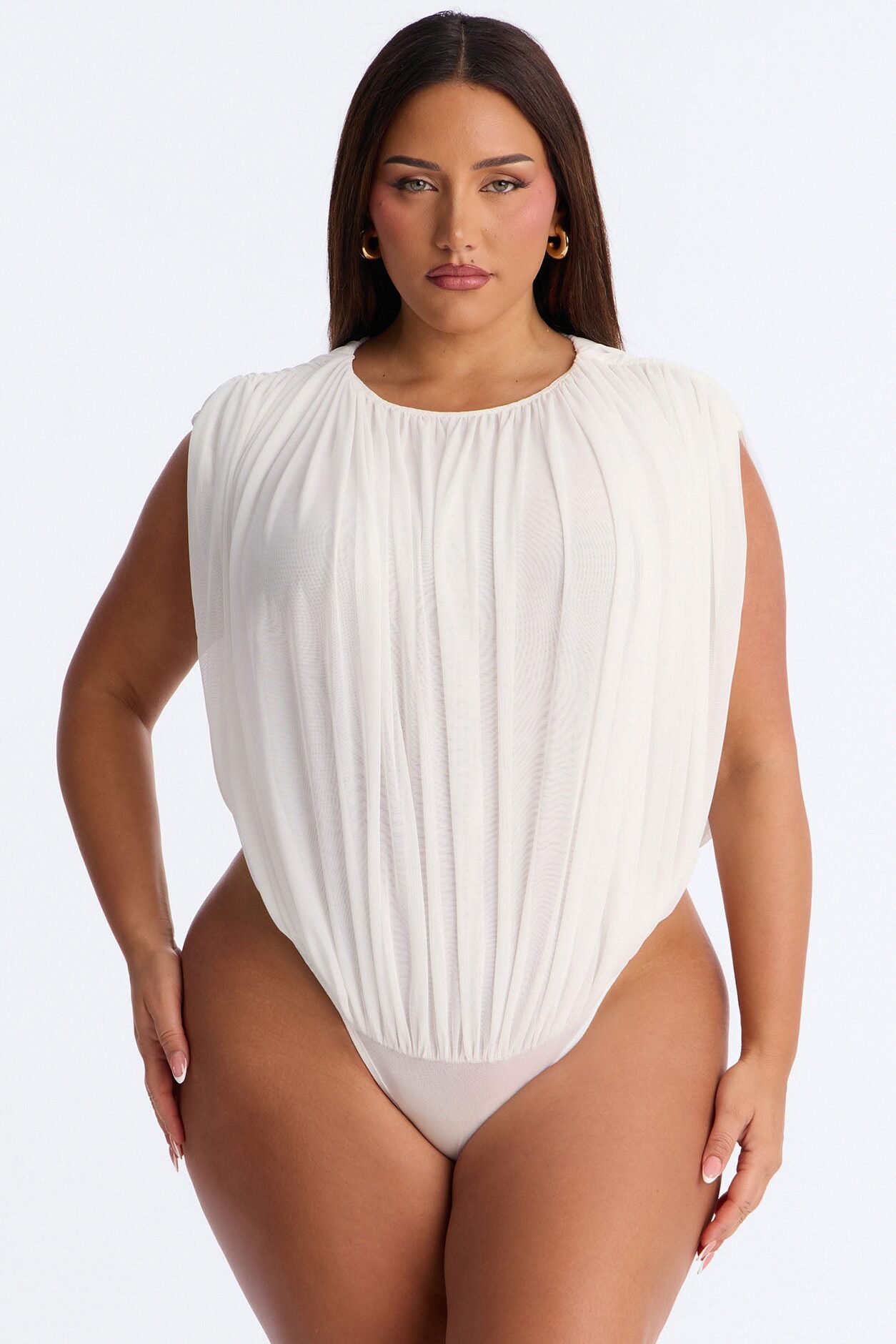 Danielle Ruched Short Sleeve Mesh Bodysuit - White