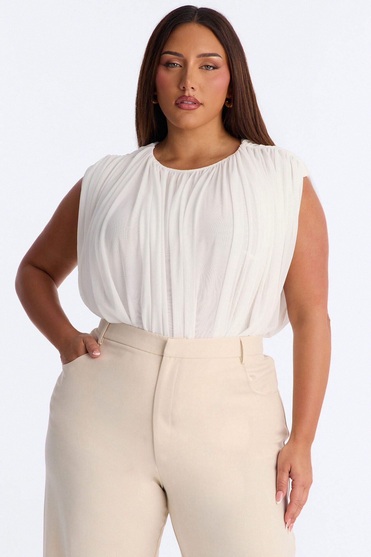Danielle Ruched Short Sleeve Mesh Bodysuit - White