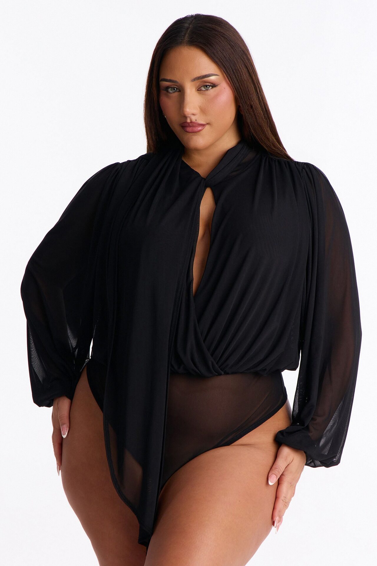 Melinna Mesh Scarf Long Sleeve Bodysuit - Black