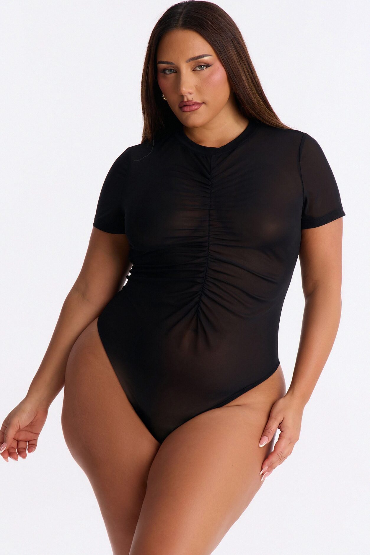 Monroe Mesh Ruched Short Sleeve Bodysuit - Black