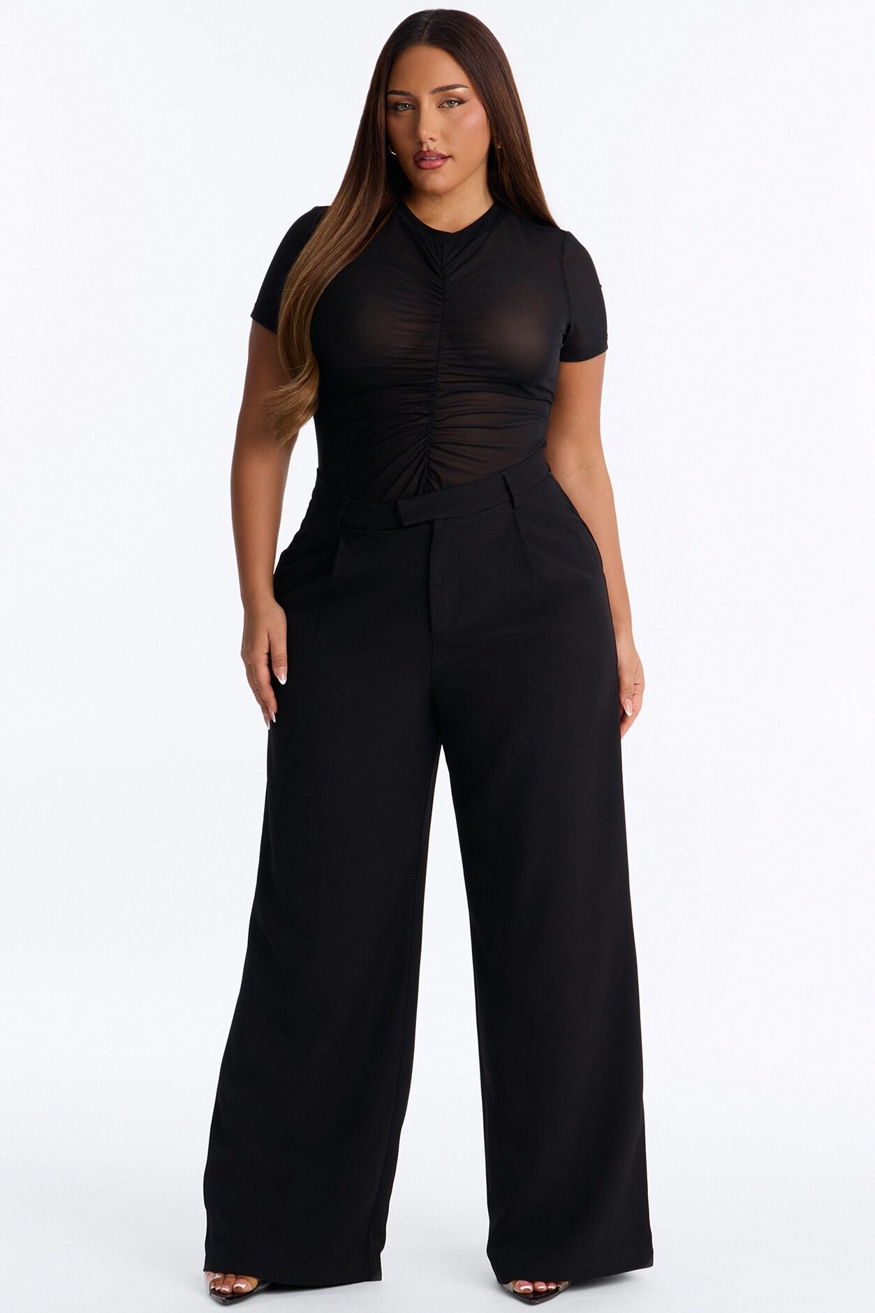 Monroe Mesh Ruched Short Sleeve Bodysuit - Black