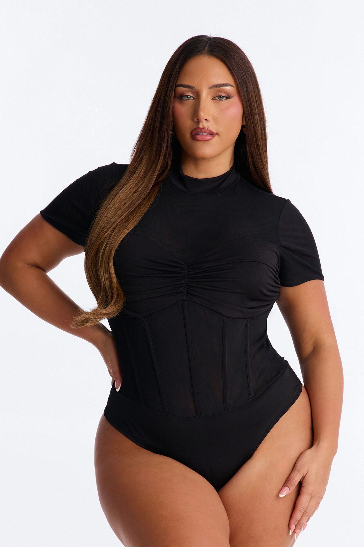 Fine Dined Mesh Mock Neck Corset Bodysuit - Black
