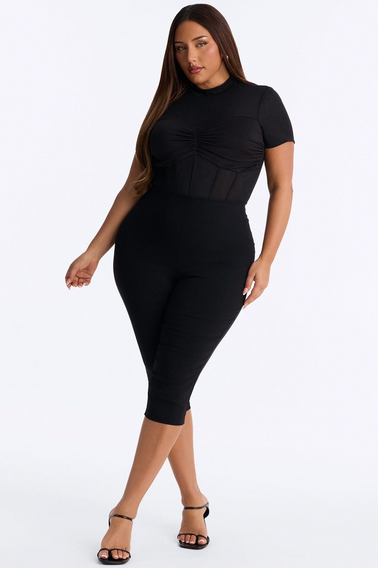 Fine Dined Mesh Mock Neck Corset Bodysuit - Black