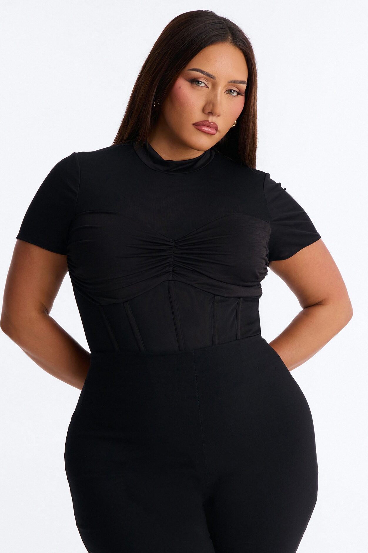Fine Dined Mesh Mock Neck Corset Bodysuit - Black
