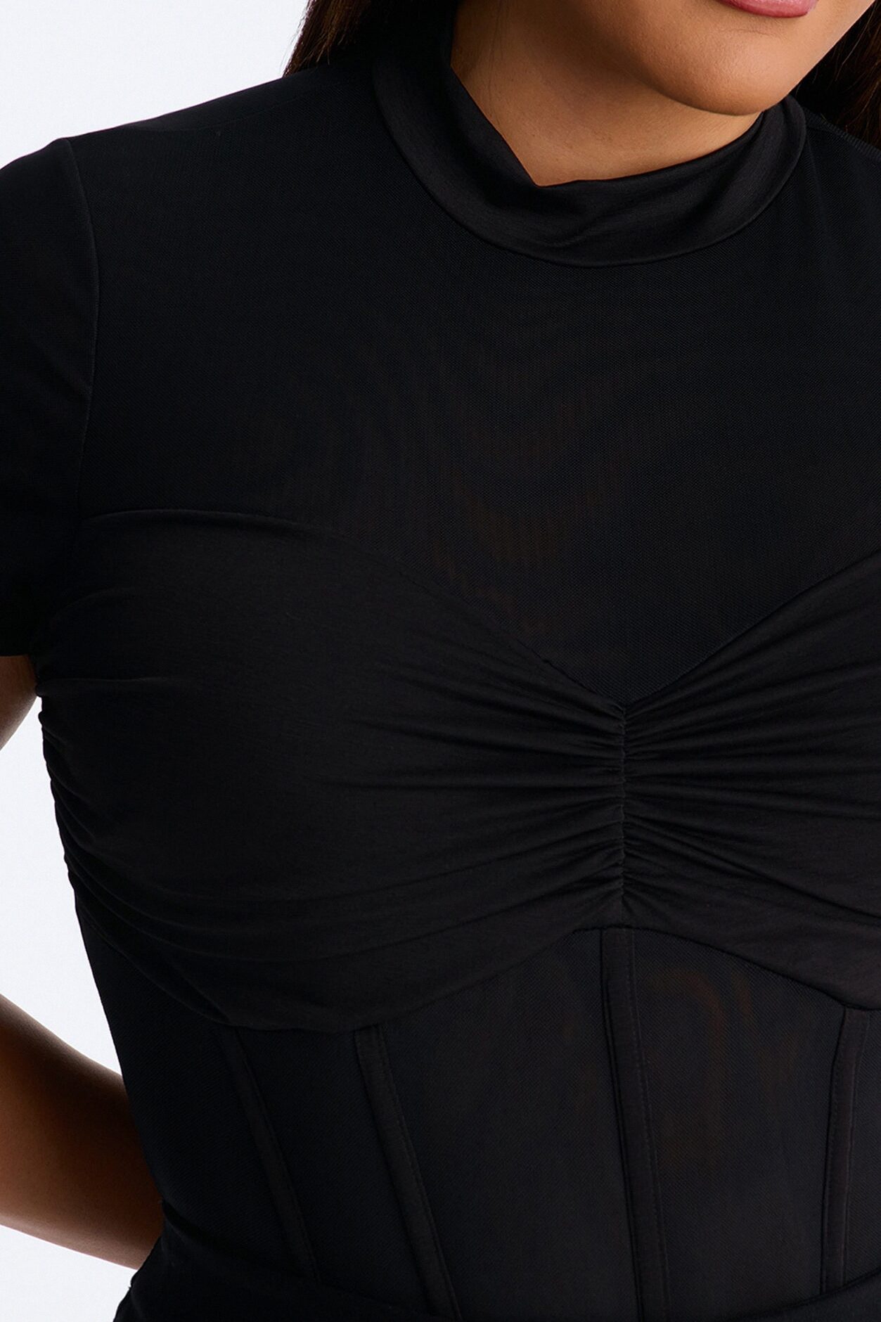 Fine Dined Mesh Mock Neck Corset Bodysuit - Black