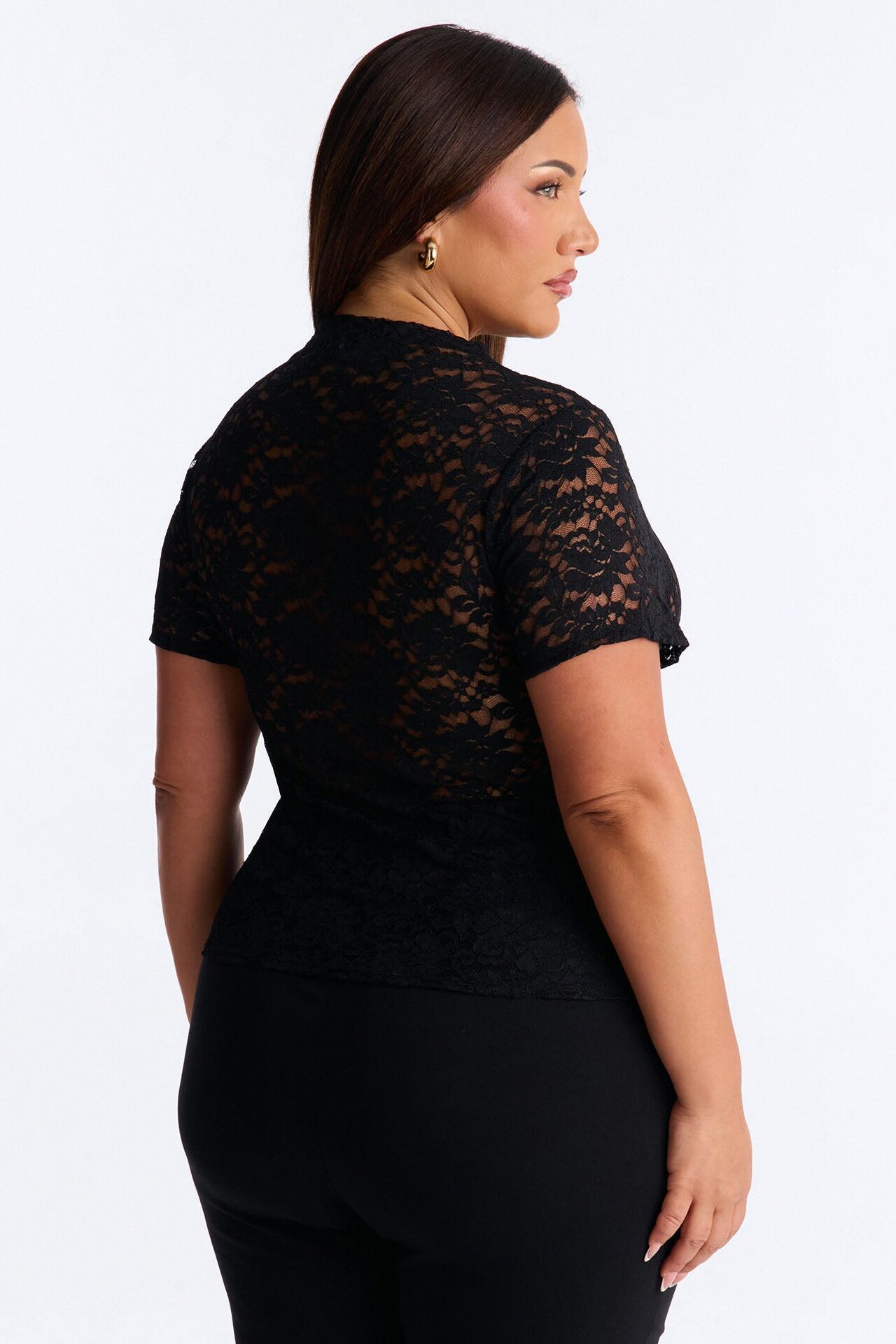 Miranda Lace Mock Neck Short Sleeve Top - Black
