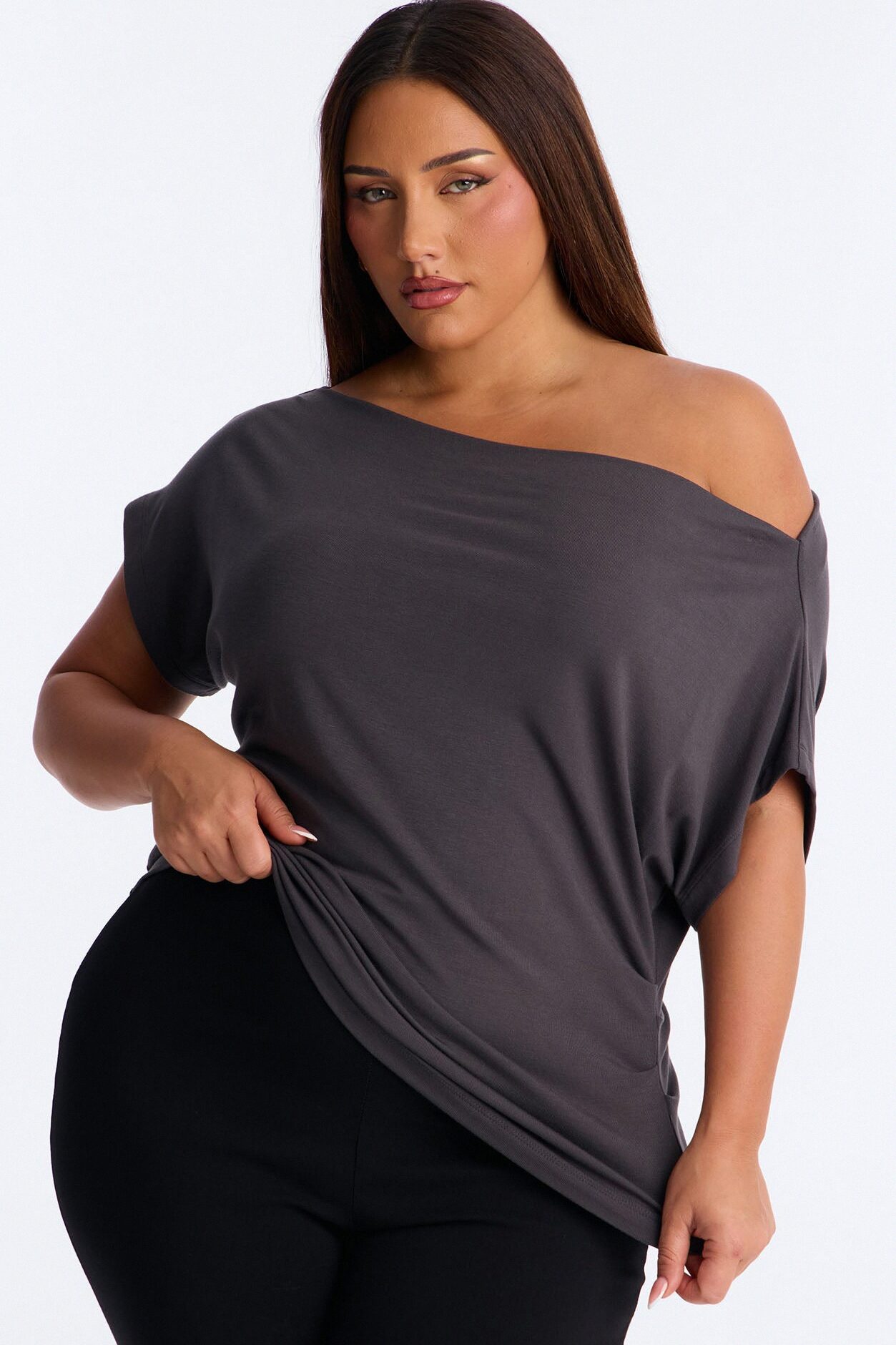 Eva Effortless One Shoulder Top - Charcoal