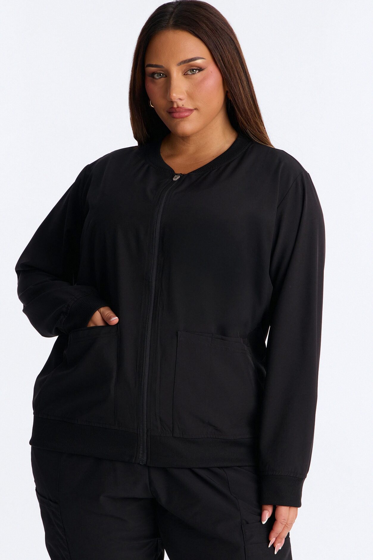Warm Me Up 4 Way Stretch Zip Up Bomber Scrub Jacket - Black