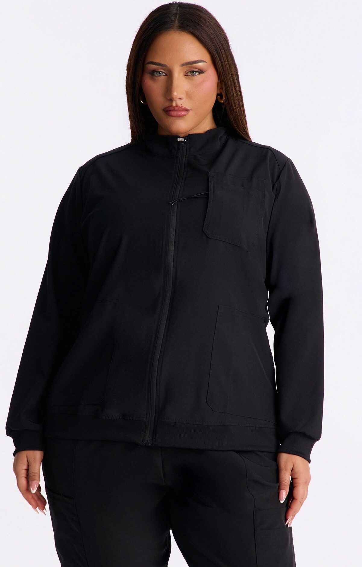 Keeping Warm 4 Way Stretch Front Zipper Pocket Scrub Jacket - Black