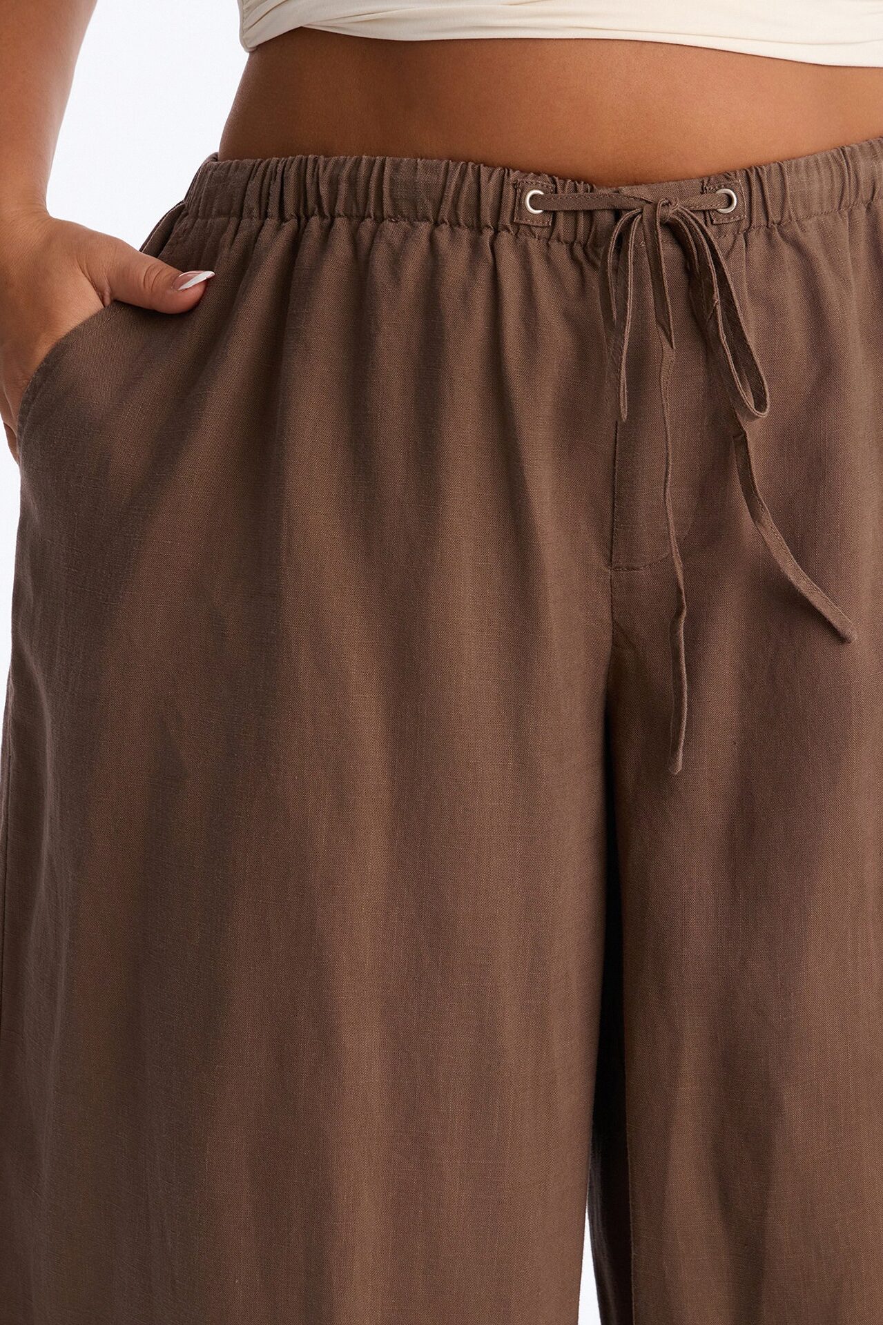 Heat Wave Linen Wide Leg Drawstring Pant - Caffe