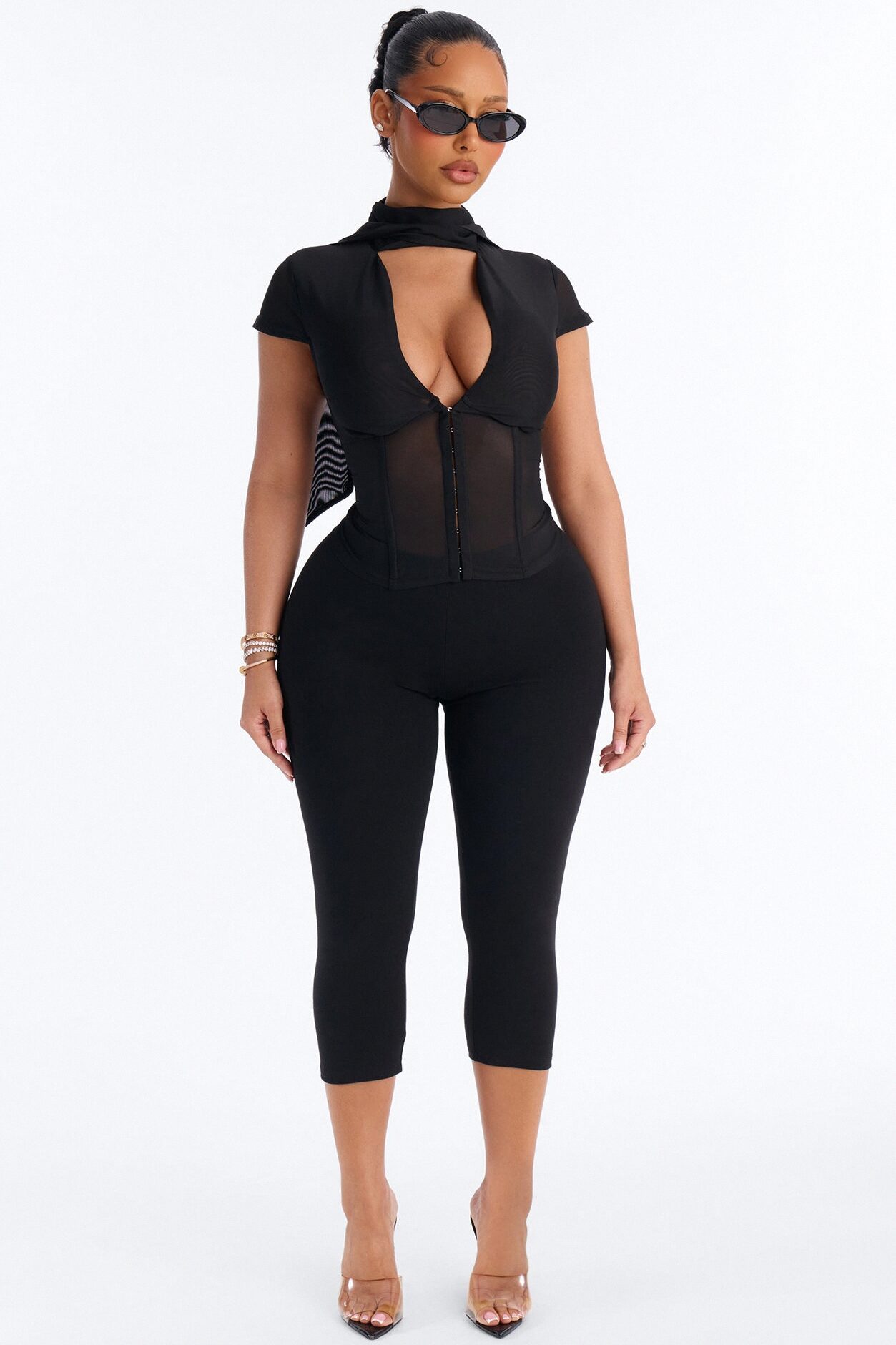 Always A Lady Tie Front Mesh Corset - Black