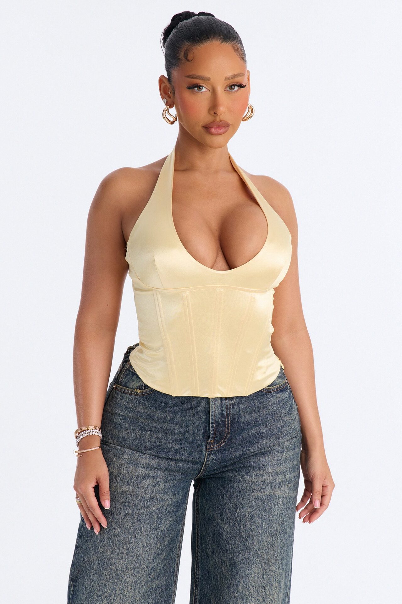 Kylie Satin U Neck Halter Corset Top - Butter Yellow