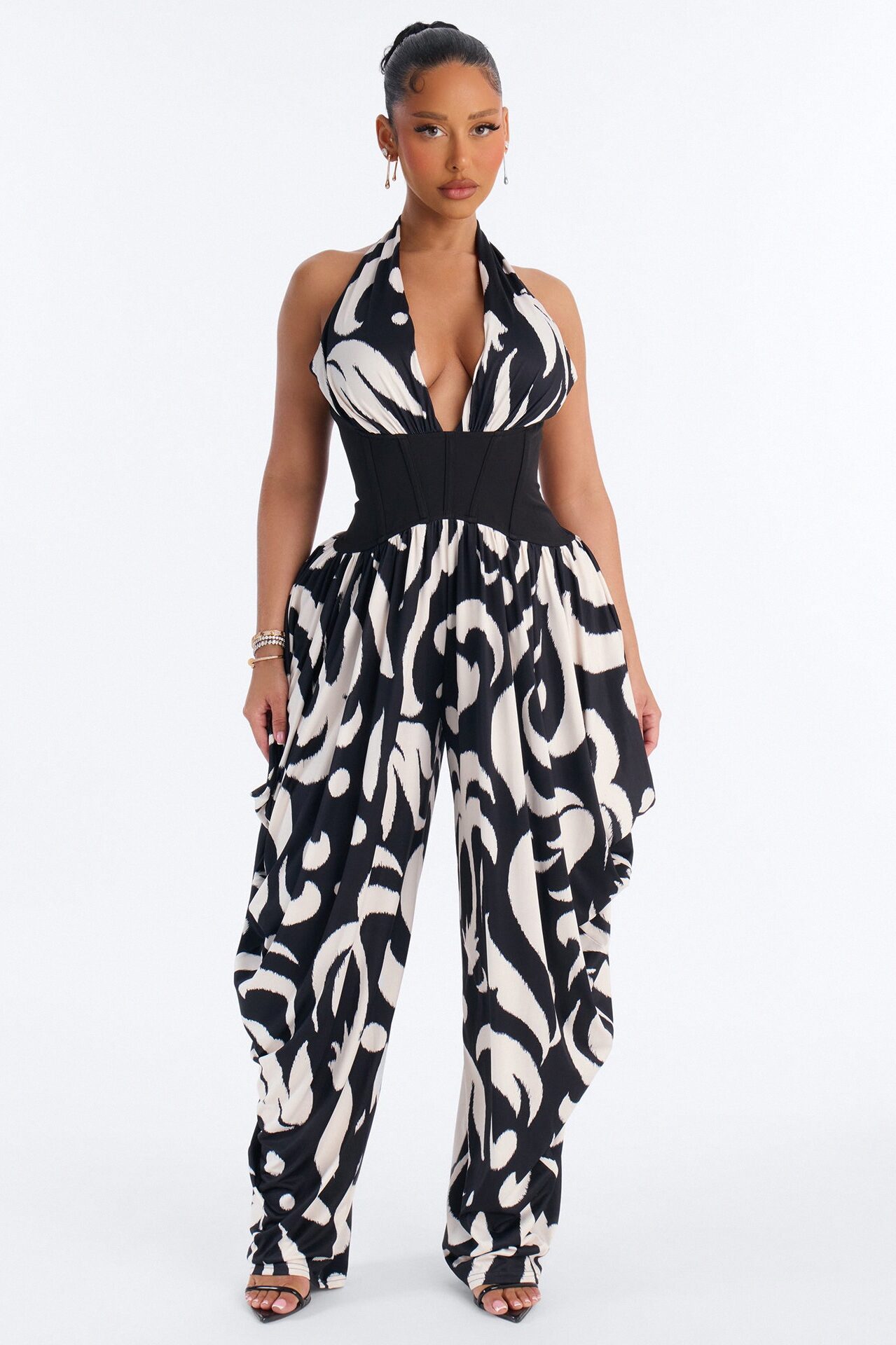 Cleo Plunge Corset Jumpsuit - Black/White