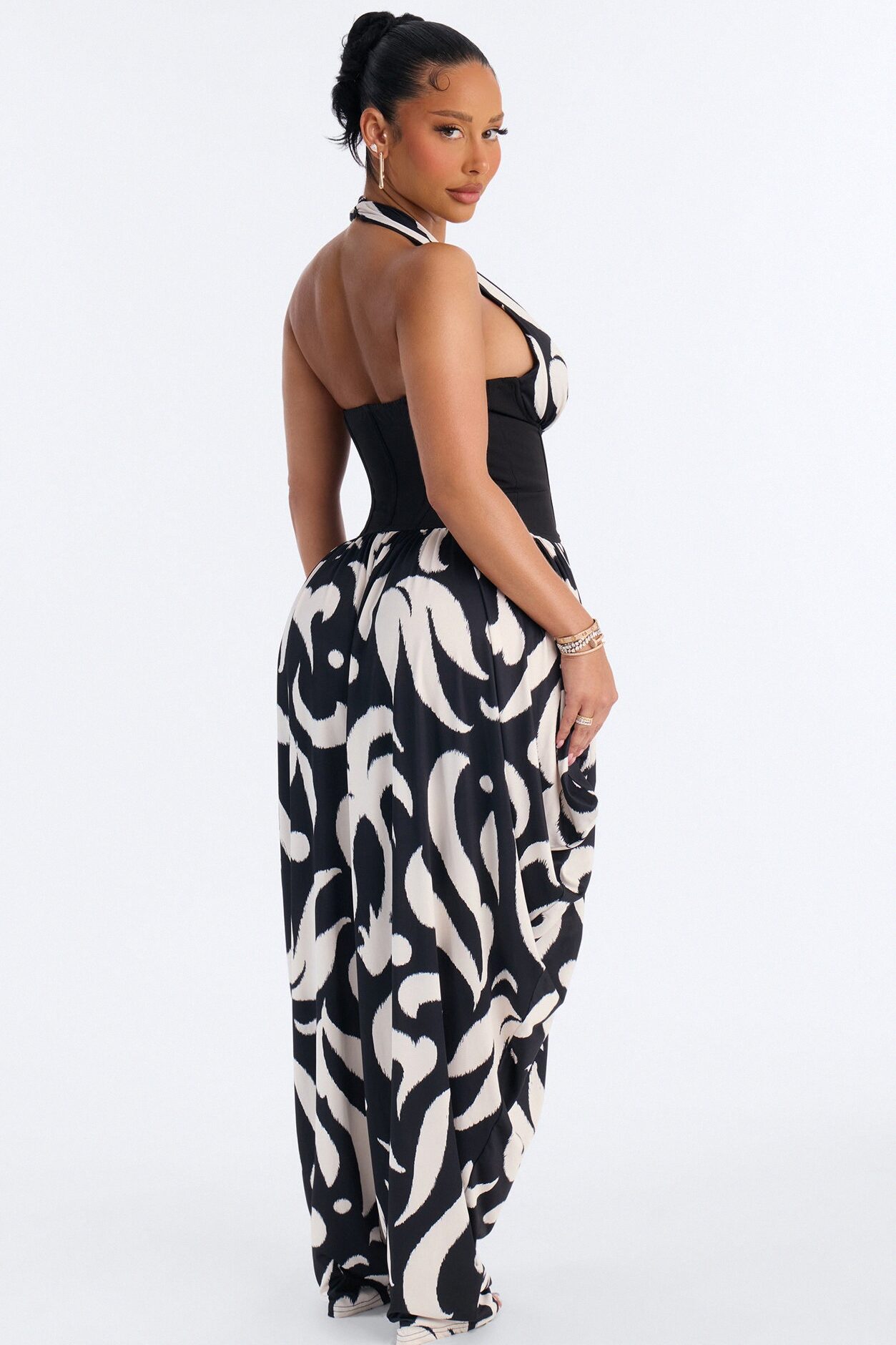 Cleo Plunge Corset Jumpsuit - Black/White