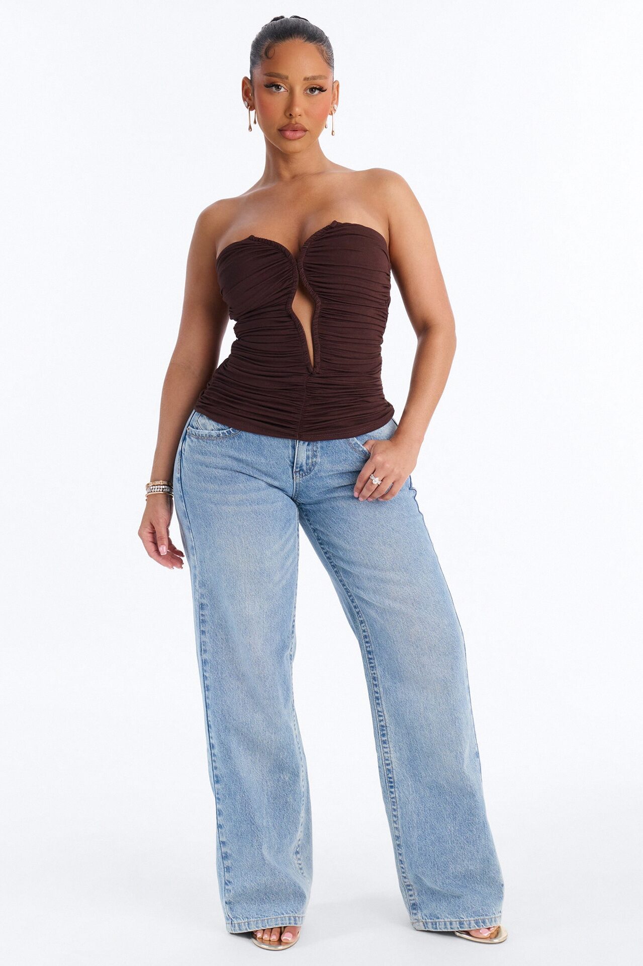 Selena Ruched Cut Out Tube Top - Brown