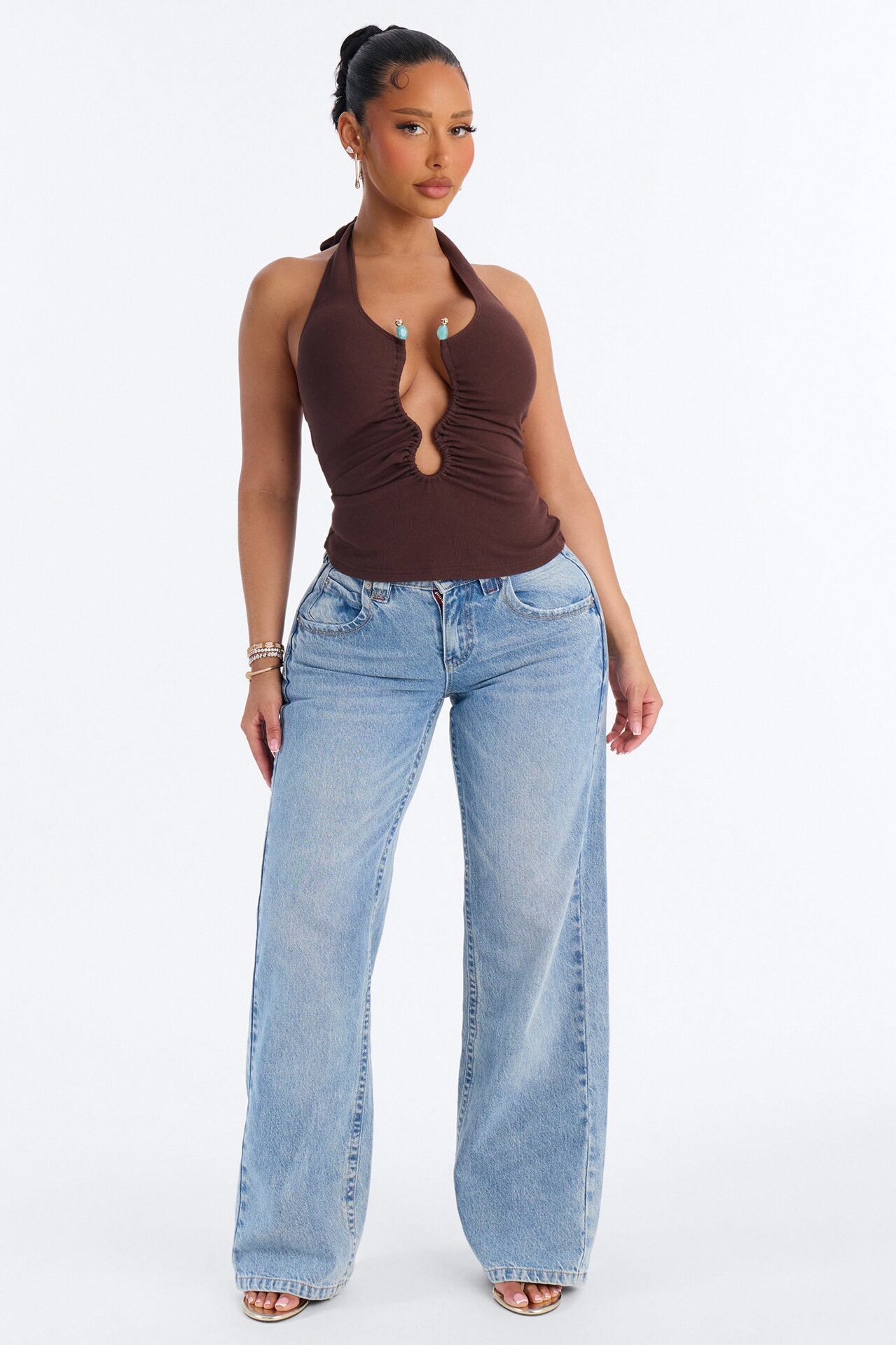 Haley Hardware Ruched Ribbed Halter Top - Chocolate